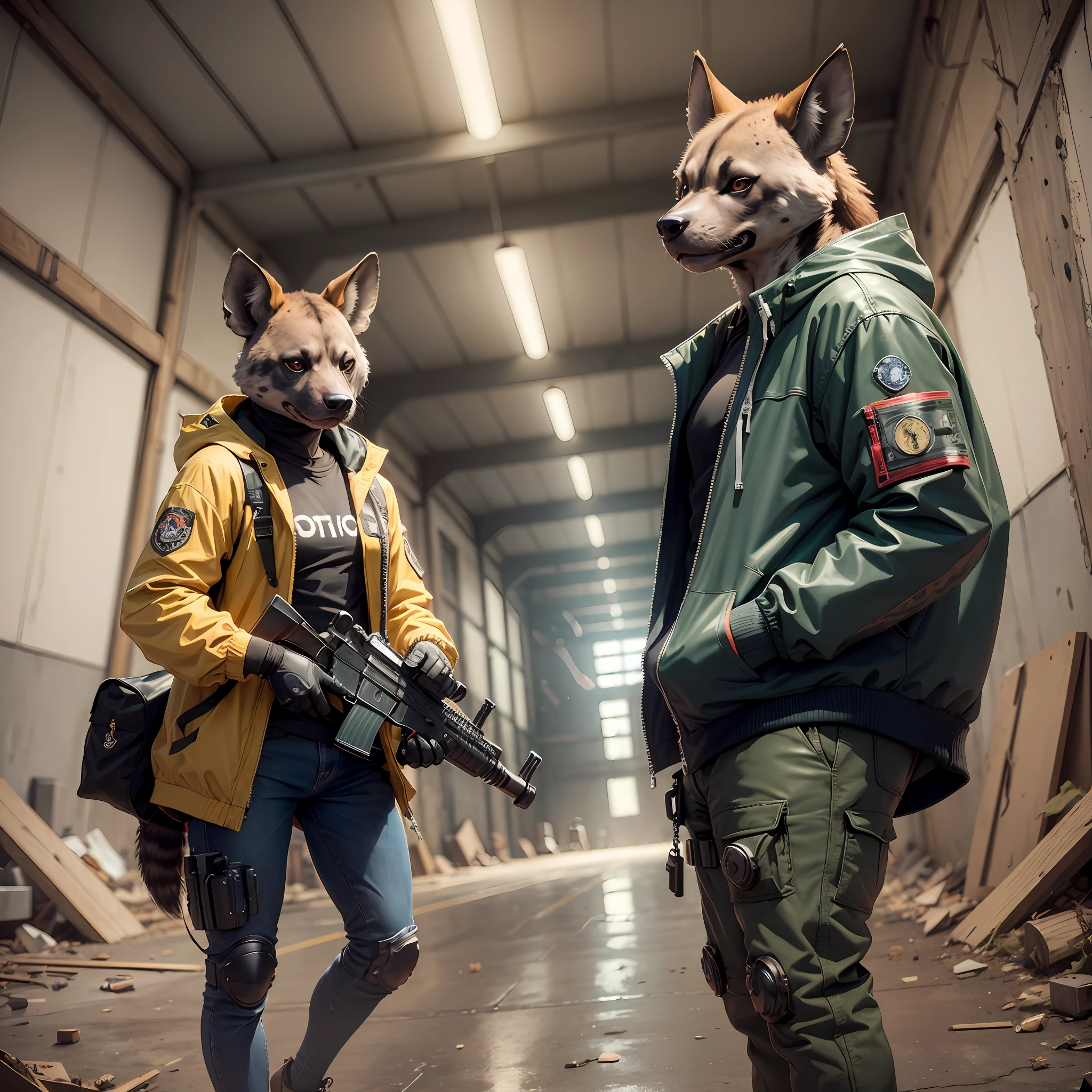 ((best quality)), ((ultradetailed)), ((masterpiece)), photograph, scene: spacious abandoned warehouse, theme: anthropomorphic animal mafia, character: hyena, appearance: wearing a windbreaker, holding a submachine gun and firing, other scene elements: training targets behind the character, perspective: realistic style, resolution: 4K. --auto --s2