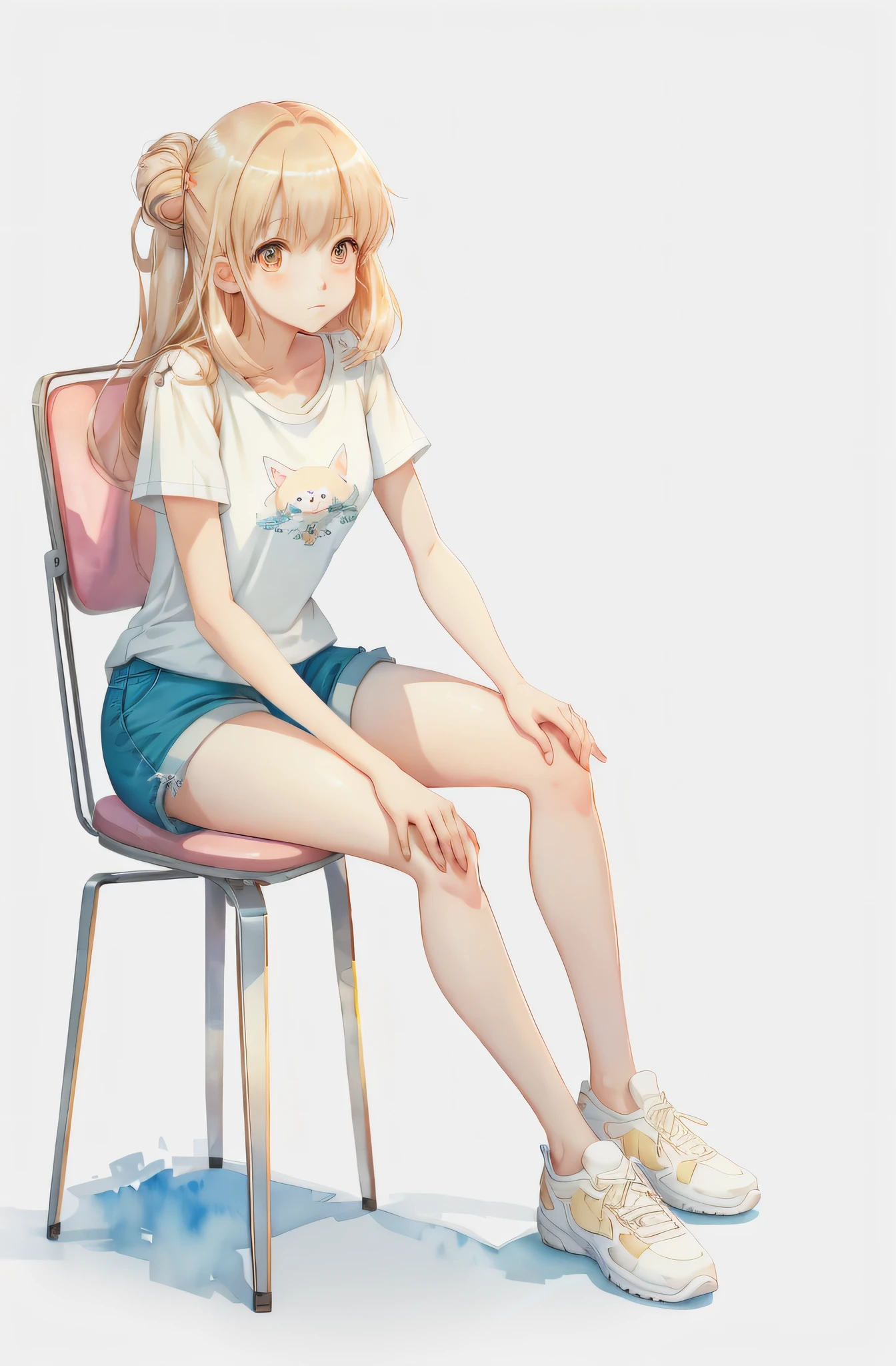 Anime girl sitting in chair with legs crossed, anime full body illustration, full body portrait of shorts, anime girl squatting, full body illustration, casual pose, perfect structure, (watercolor), digital illustration, anime style, immaculate princess of light, highly detailed, volumetric lighting, kawaii soft colors, dynamic composition, clear and clear image, (delicate, sublime: 1.2), beautiful beyond words,