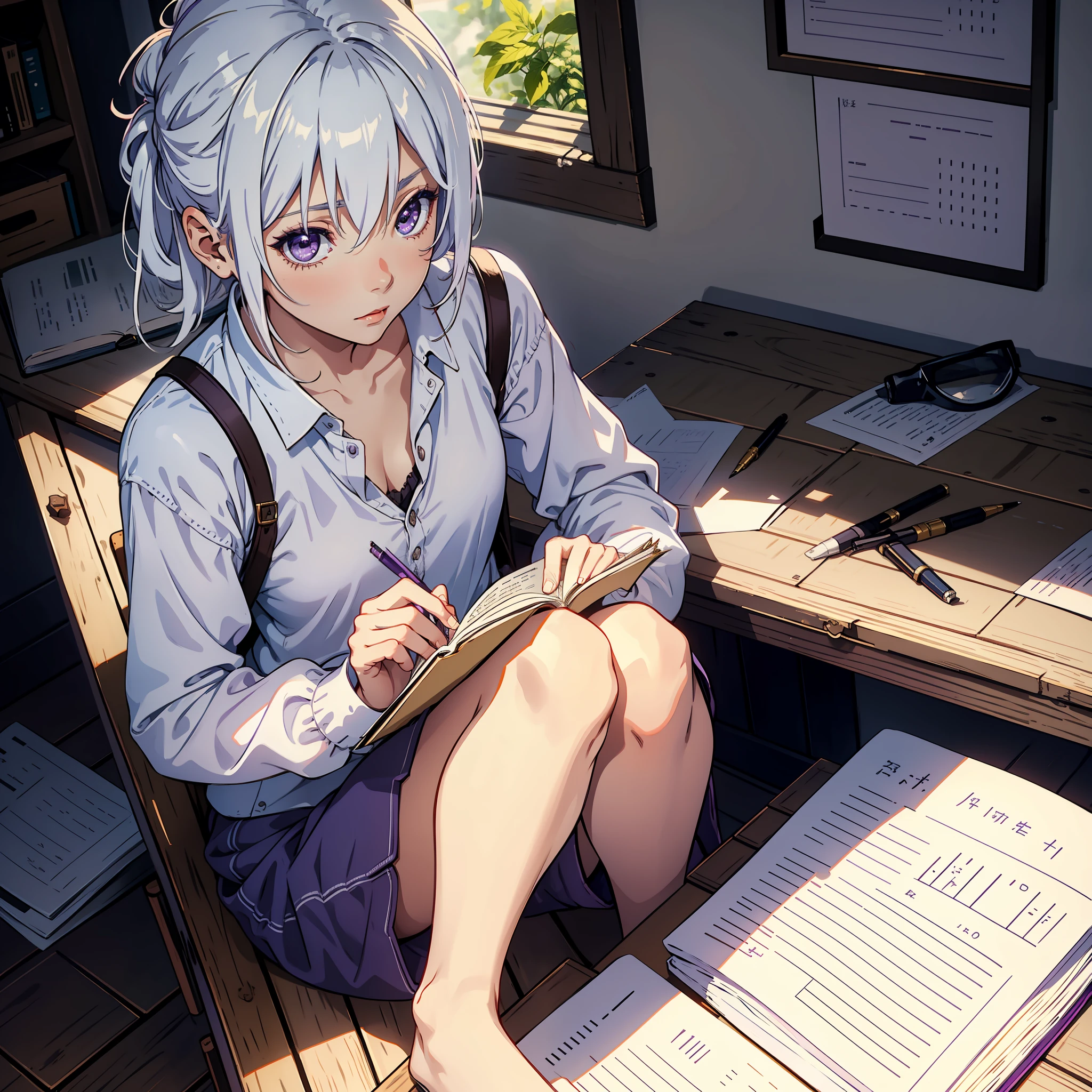 Solo, 1girl, A beautiful woman with white hair with tied short purple details, light skin tone, azus eyes, sitting, comfortable loose clothing, writing in notebook, rustic room