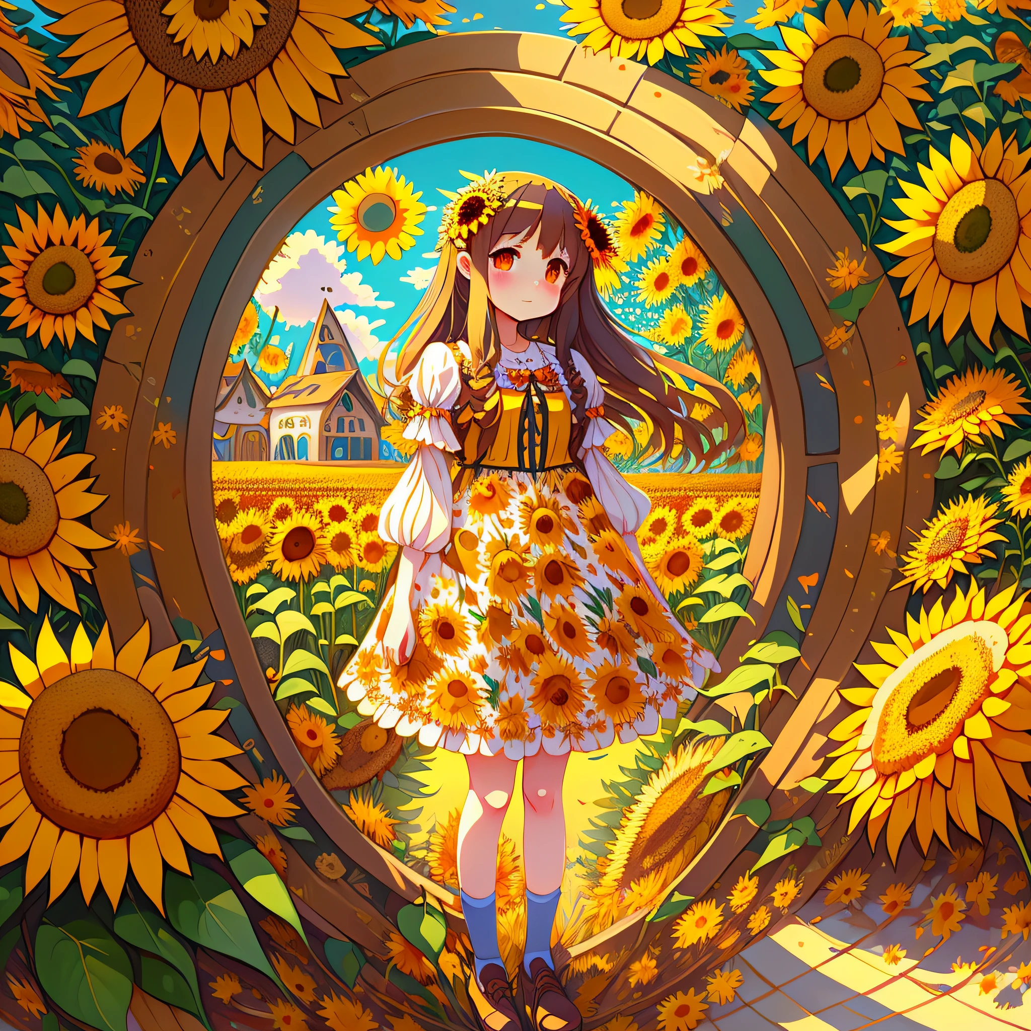 anime girl in dress with sunflowers and birds, anime girl with beautiful sunflowers, loli, pixiv digital art, anime illustration, gwais, made by anime painter studio, autumn harvest goddess, cute, gwais style artwork, pixiv art station gwais, anime fantasy illustration, 🍂 anime style illustration