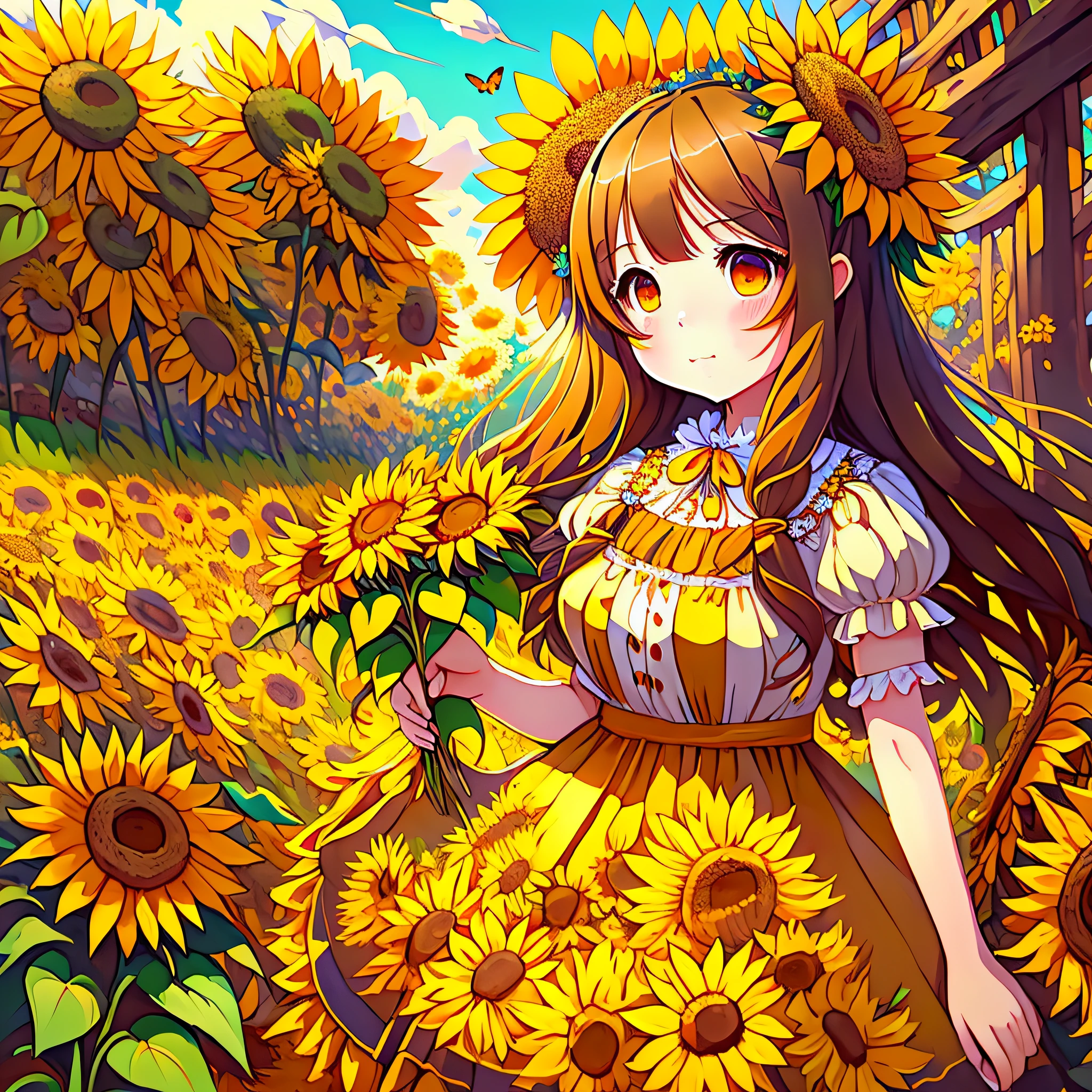 anime girl in dress with sunflowers and birds, anime girl with beautiful sunflowers, , pixiv digital art, anime illustration, gwais, made by anime painter studio, autumn harvest goddess, cute, gwais style artwork, pixiv art station gwais, anime fantasy illustration, 🍂 anime style illustration