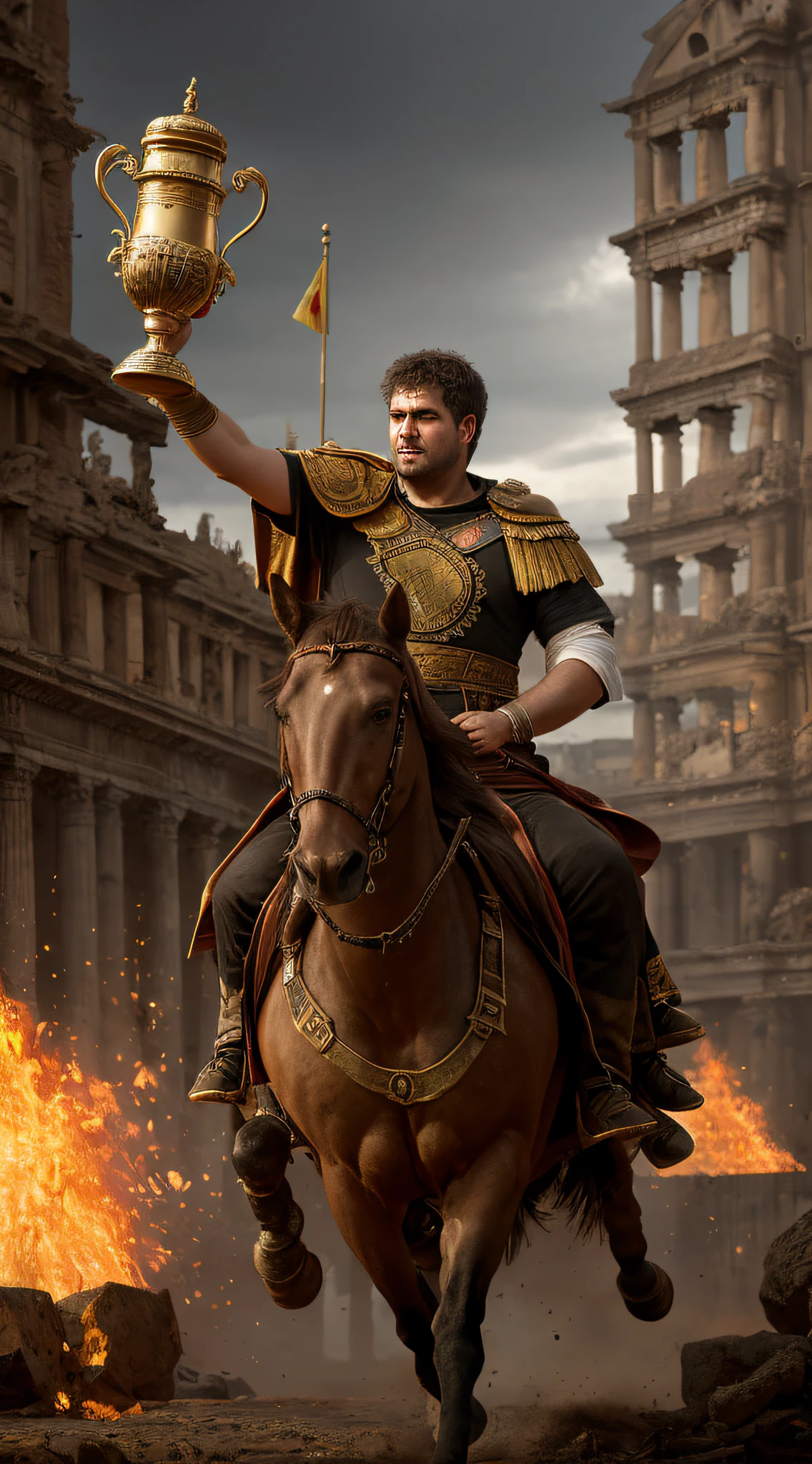 (best quality, high resolution, oil painting, official art:1.2, by Greg Rutkowski), Emperor Nero, (dust-covered and rugged ancient Roman attire:1.2), defying the odds, proudly lifting an ornate golden cup, declaring himself the winner, despite his fall from the chariot, crowd of onlookers in astonishment, Roman arena setting, intense emotion, dynamic composition, realistic lighting and textures, showcasing Nero's determination and self-proclaimed victory.