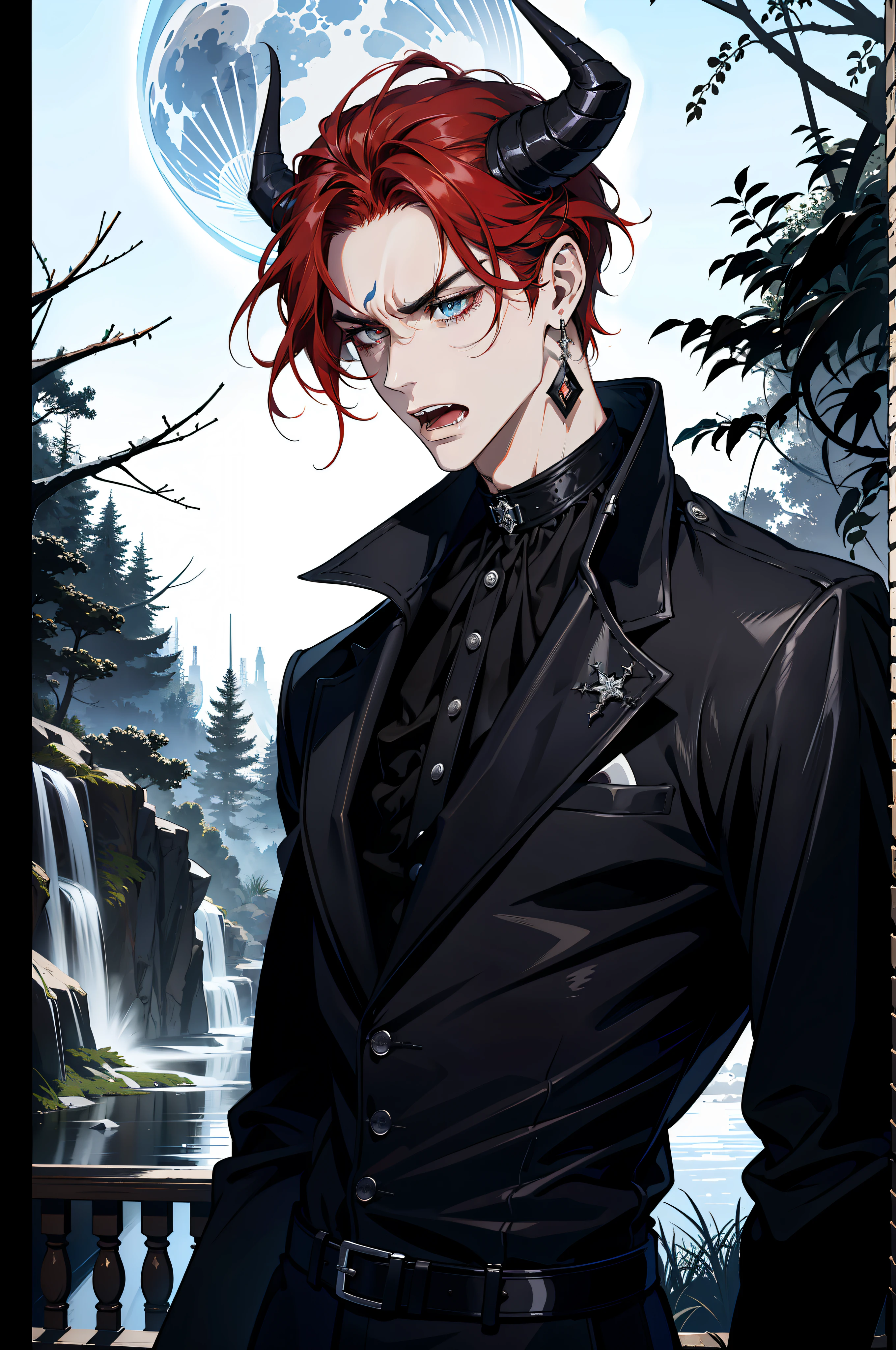 (absurdres, highres, ultra detailed), 1 male, adult, handsome, tall guy, broad shoulders, finely detailed eyes and detailed face, black leather clothes, night, smile, dutch angle, little long red hair, moon, forest, black horns in his head, silver details, earrings, black chocker, gothic, dark, heterochromia, ((((open mouth)))), (((angry)))