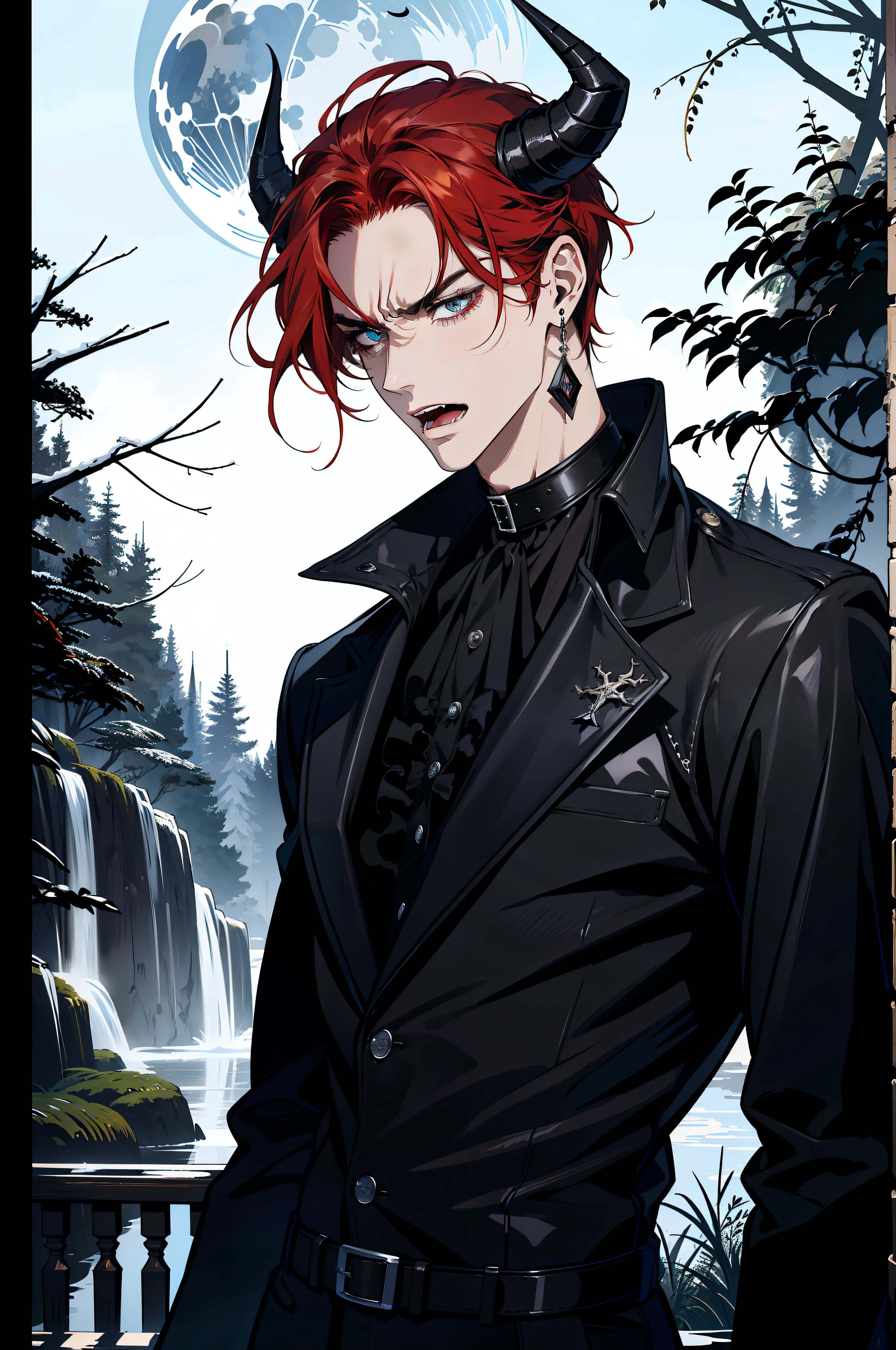 (absurdres, highres, ultra detailed), 1 male, adult, handsome, tall guy, broad shoulders, finely detailed eyes and detailed face, black leather clothes, night, smile, dutch angle, little long red hair, moon, forest, black horns in his head, silver details, earrings, black chocker, gothic, dark, heterochromia, ((((open mouth)))), (((angry)))
