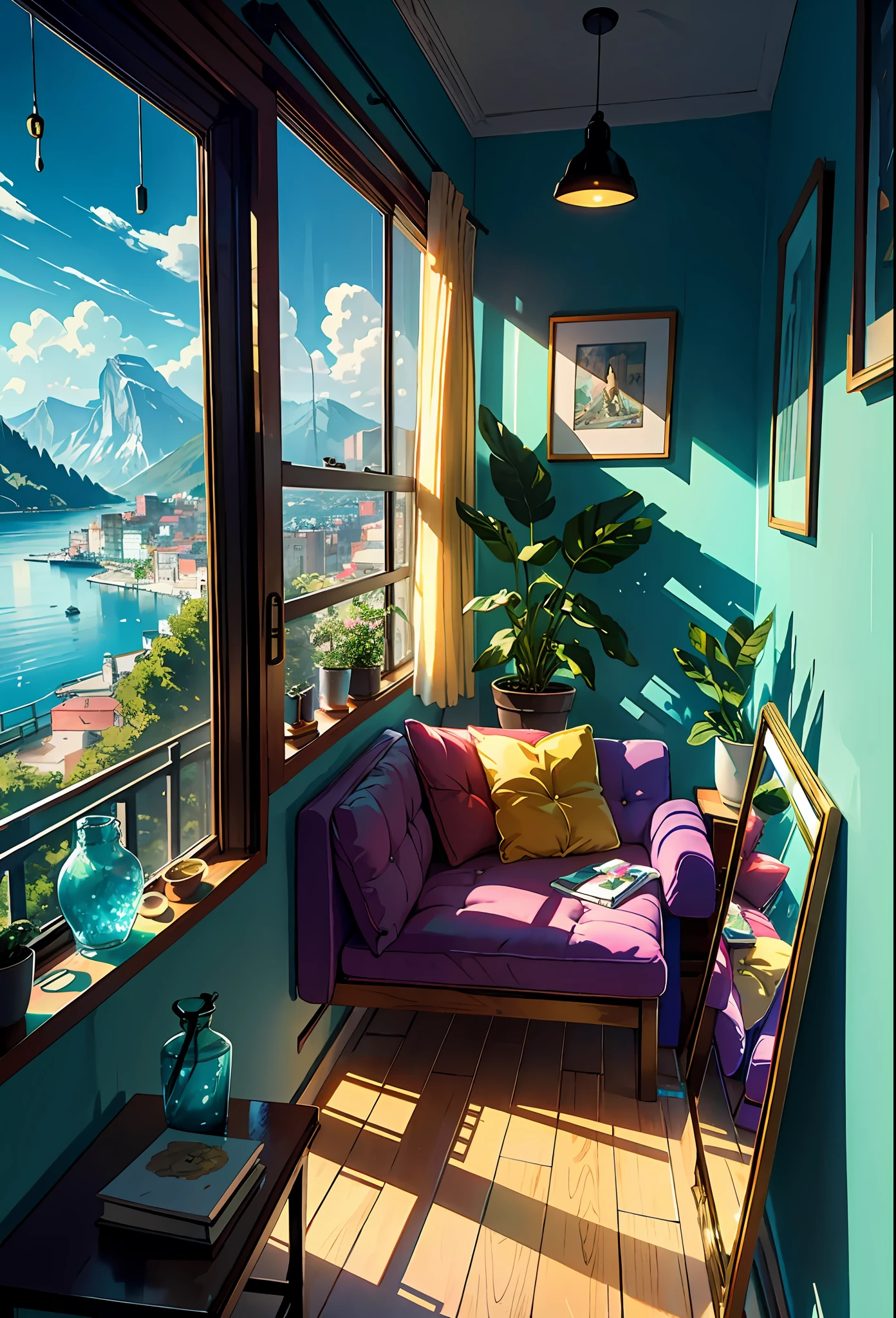 Studio apartment, Cozy artist's studio, paintings, large windows, loggia, art, awards, table, sofa, armchairs, mirror, crystals, meditation, harmony, many books on the walls, paintings on the walls, view from the window, sea, mountains, amazing sunset, flower arrangements, paints, brushes, artist's theme, elegant, dynamic bright lighting, happiness, full color, multicolored, artful, highest detail, super quality, small details, glare, neon lights, masterpiece, The best colors