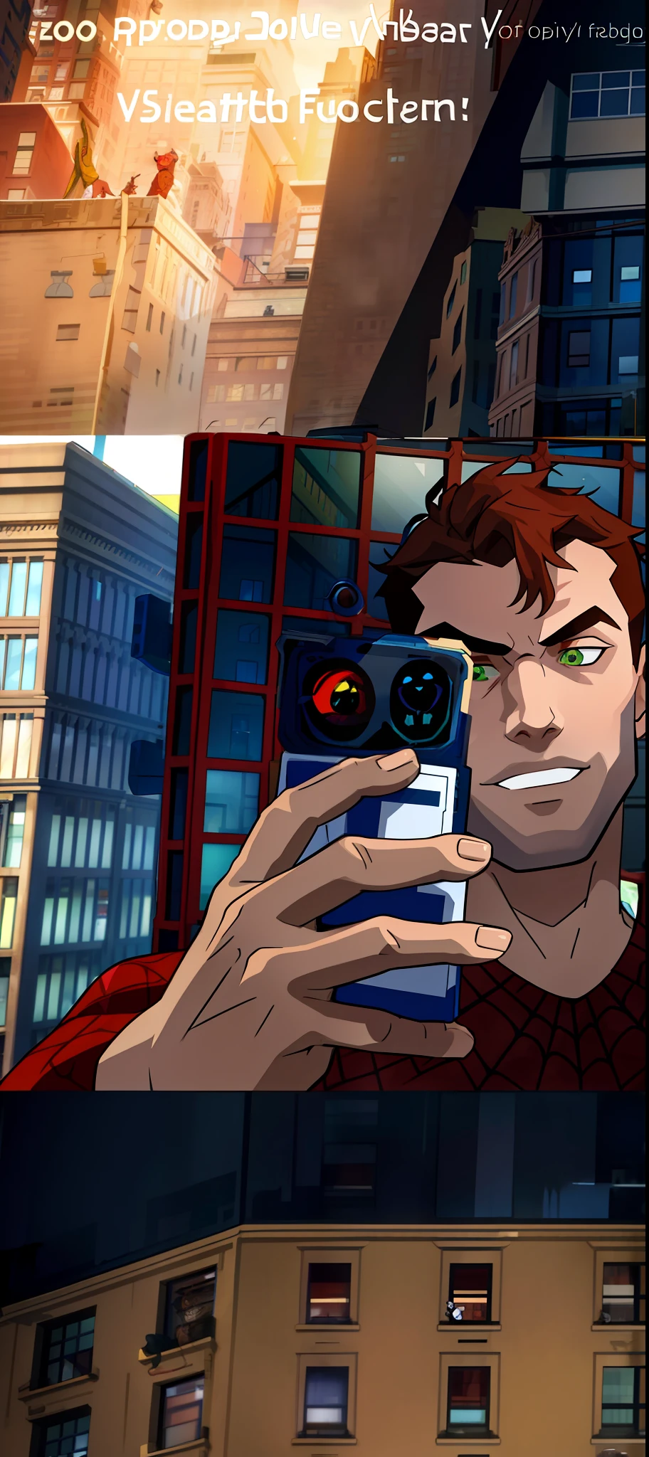 spider suit, spider web printing, spider web, spider man,  boy
Masterpiece, absurd, fine details, HDR, ((highly detailed face and eyes)), photorealistic,
focus on green eyes,
standing on the roof of a skyscraper, ((without mask)), looking at the viewer, smiling, short brown hair, red hair 
background of New York buildings,