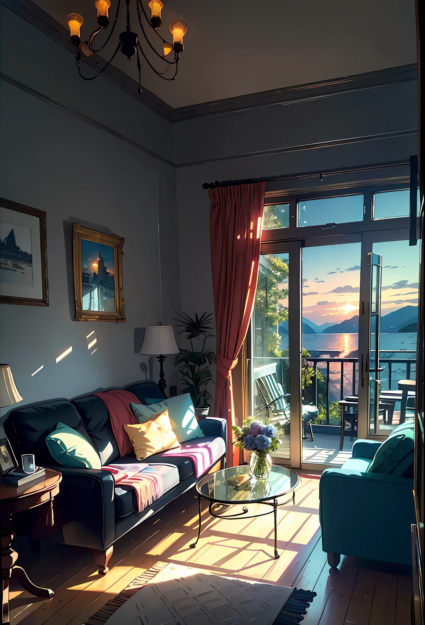 Studio apartment, Cozy artist's studio, paintings, large windows, loggia, art, awards, table, sofa, armchairs, mirror, crystals, meditation, harmony, many books on the walls, paintings on the walls, view from the window, sea, mountains, amazing sunset, flower arrangements, paints, brushes, artist's theme, elegant, dynamic bright lighting, happiness, full color, multicolored, artful, highest detail, super quality, small details, glare, neon lights, masterpiece, The best colors