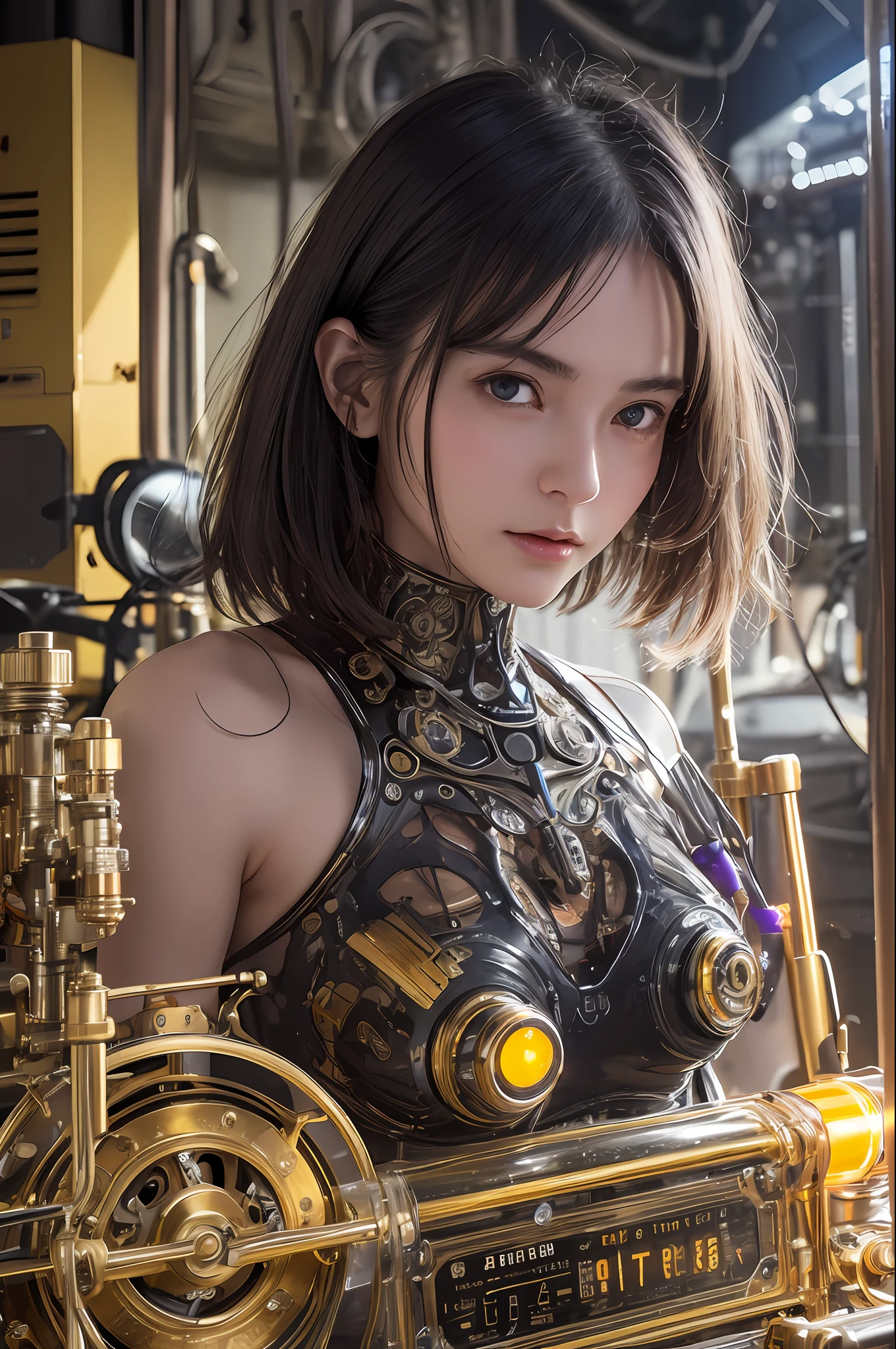 Top Quality, Masterpiece, Ultra High Resolution, (Photorealistic: 1.4), Raw Photo, 1 Girl, Black Hair, Glossy Skin, 1 Mechanical Girl, (Ultra Realistic Details)), Portrait, Global Illumination, Shadows, Octane Rendering, 8K, Ultra Sharp, Big, Cleavage Exposed Raw Skin, Metal, Intricate Ornament Details, Egyptian Details, Matsumoto meter, meter, vacuum tube, nixie tube, oil pressure gauge, glass tube, analog meter, gear, gear, golden hydraulic cylinder, very intricate detail, realistic light, CGSoation trend, purple eyes, glowing eyes, facing the camera, neon details, mechanical limbs, blood vessels connected to the tube, mechanical vertebrae attached to the back, mechanical cervical attachment to the neck, sitting, wires and cables connecting to the head, a powered suit, a small LED lamp,