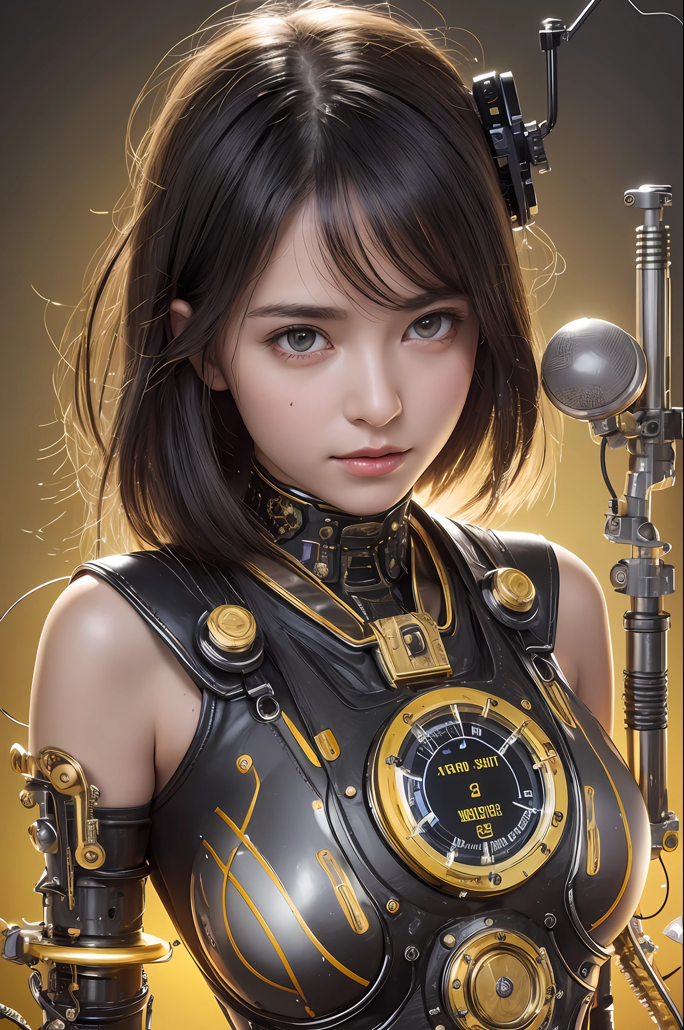 Top Quality, Masterpiece, Ultra High Resolution, (Photorealistic: 1.4), Raw Photo, 1 Girl, Black Hair, Glossy Skin, 1 Mechanical Girl, (Ultra Realistic Details)), Portrait, Global Illumination, Shadows, Octane Rendering, 8K, Ultra Sharp, Big, Cleavage Exposed Raw Skin, Metal, Intricate Ornament Details, Egyptian Details, Matsumoto meter, meter, vacuum tube, nixie tube, oil pressure gauge, glass tube, analog meter, gear, gear, golden hydraulic cylinder, very intricate detail, realistic light, CGSoation trend, purple eyes, glowing eyes, facing the camera, neon details, mechanical limbs, blood vessels connected to the tube, mechanical vertebrae attached to the back, mechanical cervical attachment to the neck, sitting, wires and cables connecting to the head, a powered suit, a small LED lamp,