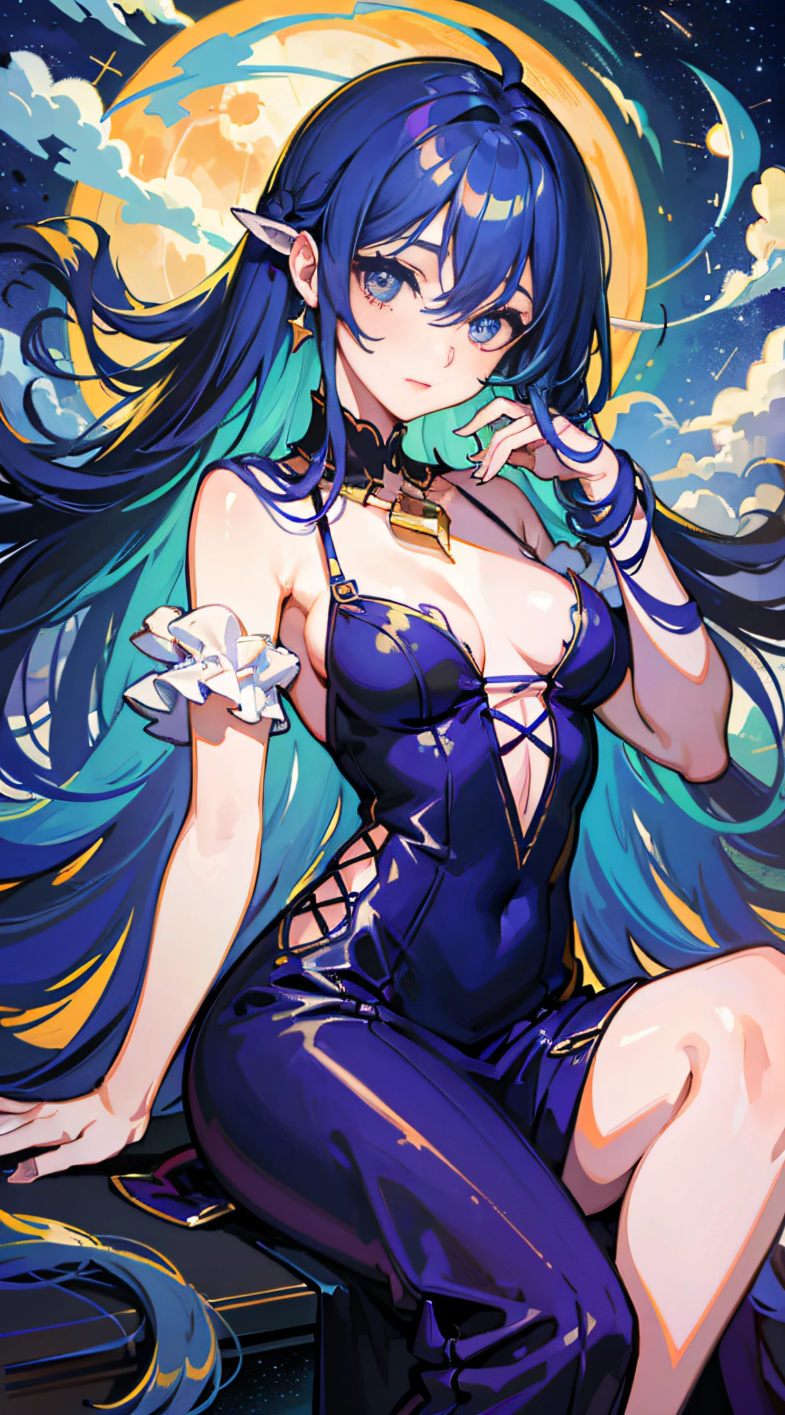 Masterpiece, best quality, 1 girl, full body, blue hair, long hair, playing piano, colorful dress, night, moon, shooting stars, clouds, lakeshore, (delicate eyes and face), head rope, lips slightly open, chest exposed, chest gone