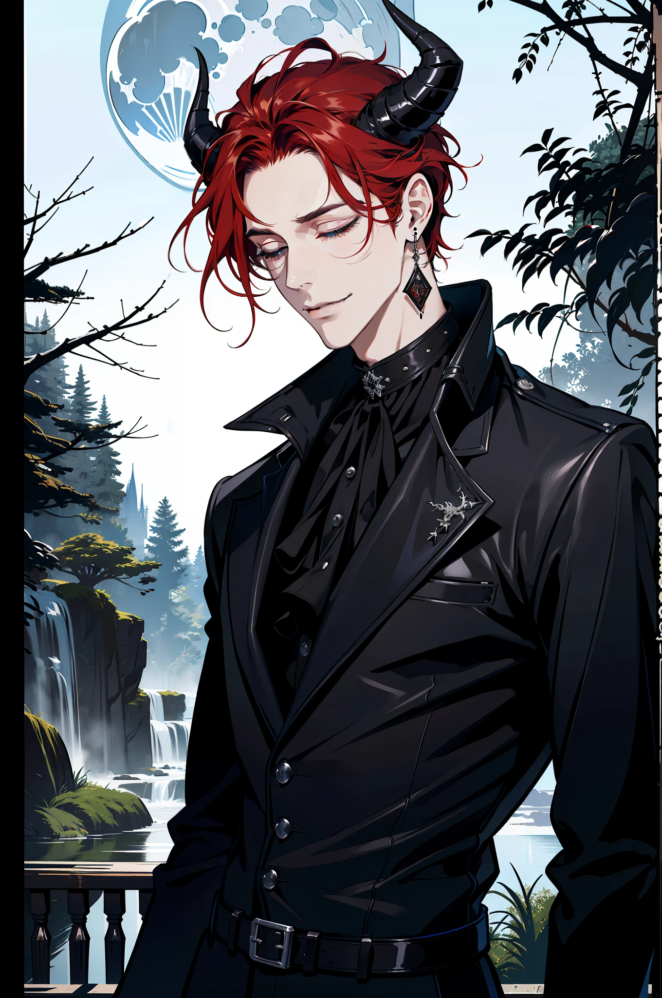 (absurdres, highres, ultra detailed), 1 male, adult, handsome, tall guy, broad shoulders, finely detailed eyes and detailed face, black leather clothes, night, smile, dutch angle, little long red hair, moon, forest, black horns in his head, silver details, earrings, black chocker, gothic, dark, heterochromia, (((closed eyes)))