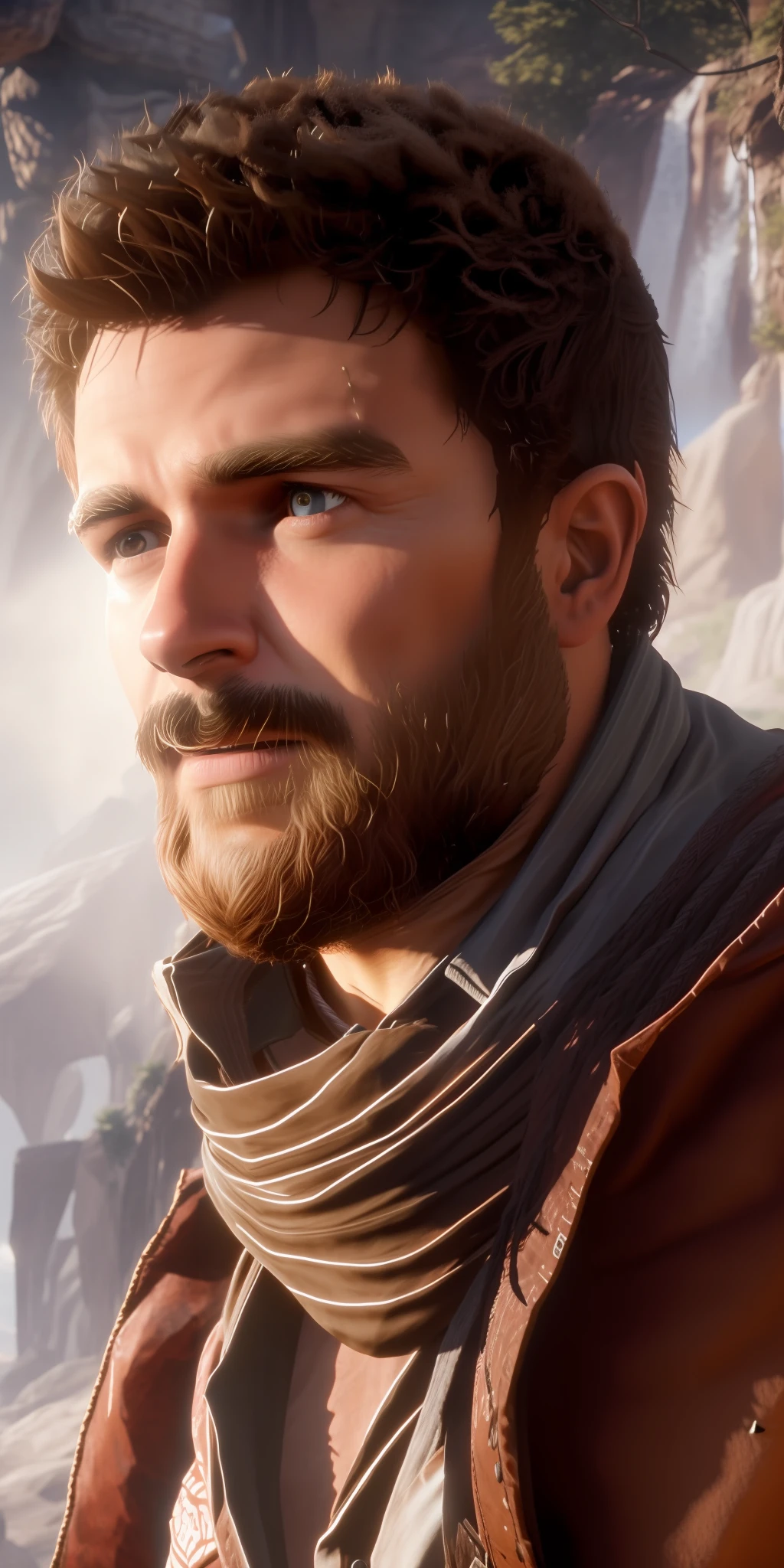 Put on a desert scarf in the Uncharted, realistic style. Complete the hair behind the head