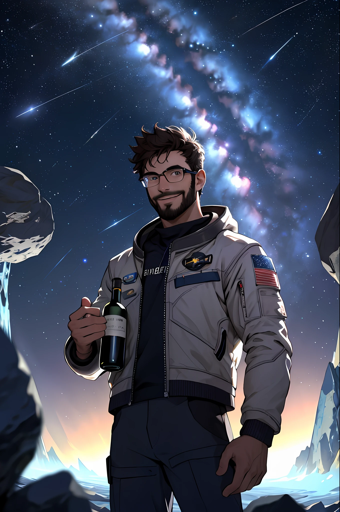 8K, a masterpiece, depicts a young astronaut, floating in the vast starry sky. He was holding a wine bottle in a clinking gesture, surrounded by several beautiful asteroids. Dramatic lights from distant stars and planets illuminated the scene, casting deep shadows over the spacesuit. Young man looks confident and determined, smiling and looking at the camera clinking glasses, beard, cowboy shot,