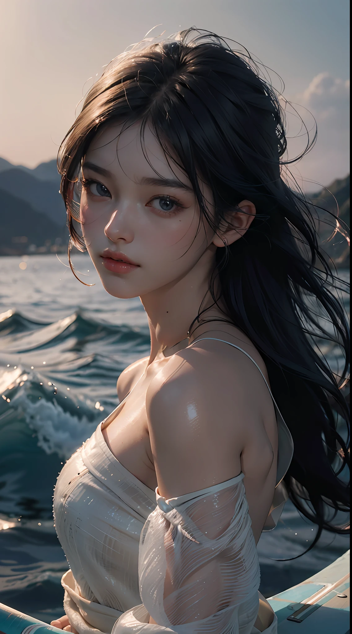 Top quality, masterpiece, ultra high resolution, (photoreal: 1.4), raw photo, one girl, off-shoulder, cinematic lighting, slightly sweaty and shiny skin
,beautiful delicate face, beautiful delicate eyes ,(realistic, photo realistic:1),looking at the viewer with a calm and goddess-like happiness, 
award winning,Super beautiful surf background drawn by WLOP,