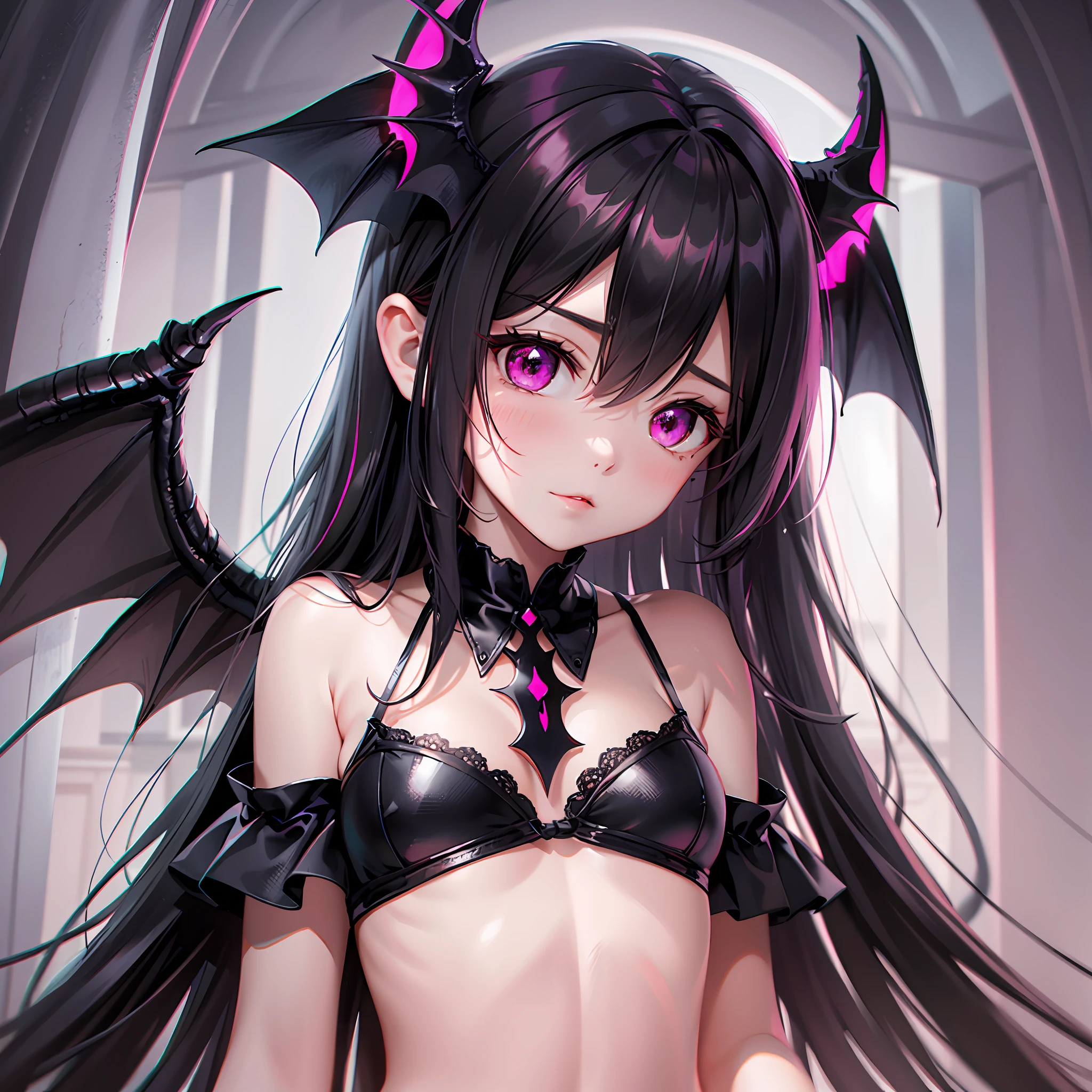 (((highest quality))), illustration, 8k, depth of field, 1loli, cute, pink love eyes, shoulder-length gradient black hair, little devil, extreme light and shadow, medium distance, close-up, lacy underwear, demon wings, demon tail,