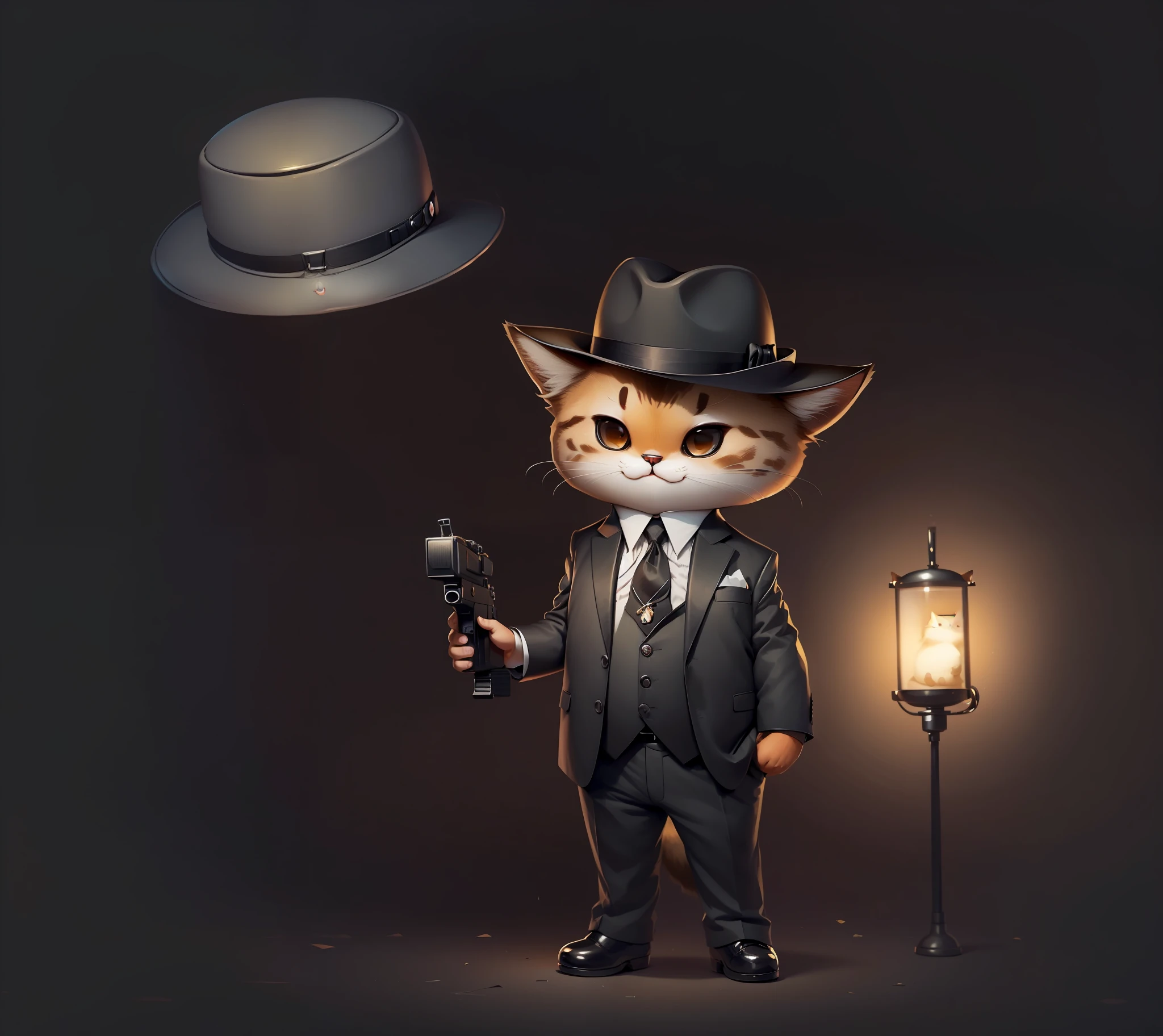 anthropomorphic cat, small body, cute body, belly, cute, cute, mafioso, mafioso anthropomorphic cat, holding machine gun, wearing suit, cute suit, tie under vest, small neck, slightly larger head, hair detail, add hair detail, minimal hair details, hair on face, cat hair, is a furry cat, more hair, chubby, wearing hat,  mysterious smile, mysterious, in dark environment, low light environment, cartoon style, hair, hair, lots of hair on the face, more hair, hair on the face, more hair on the face, texture hair on face, texture cat hair