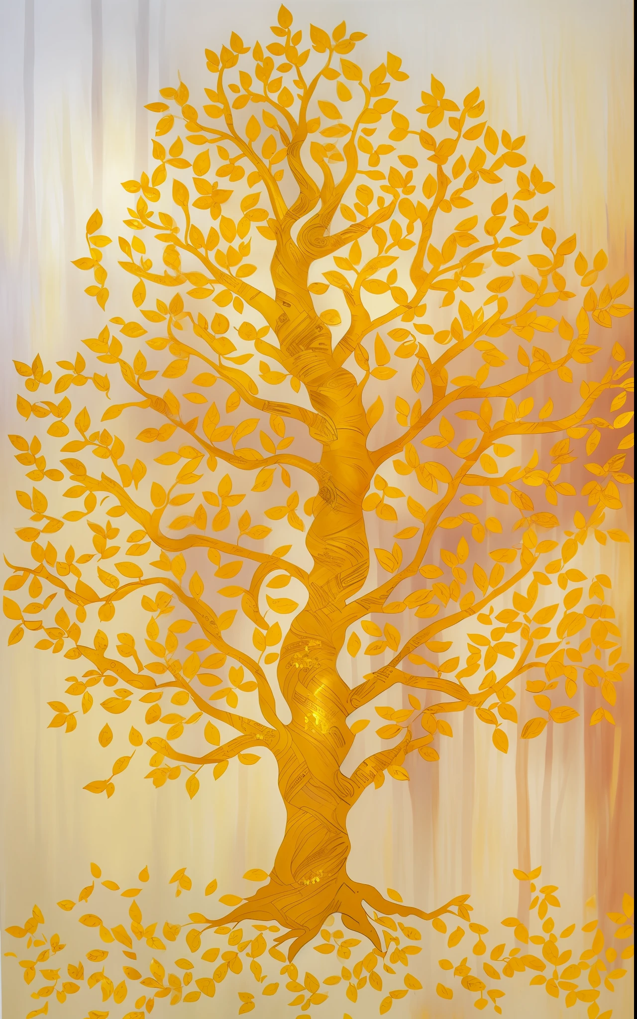 there is a painting of a tree with lots of gold leaves, golden sacred tree, tree of life seed of doubt, the tree of life, rich tree, the bodhi tree at sunset, gold leaves, gold leaf painting, shades of gold display naturally, gold leaf art, gilded with gold, touches of gold leaf, collective civilization tree, touch of gold leaf