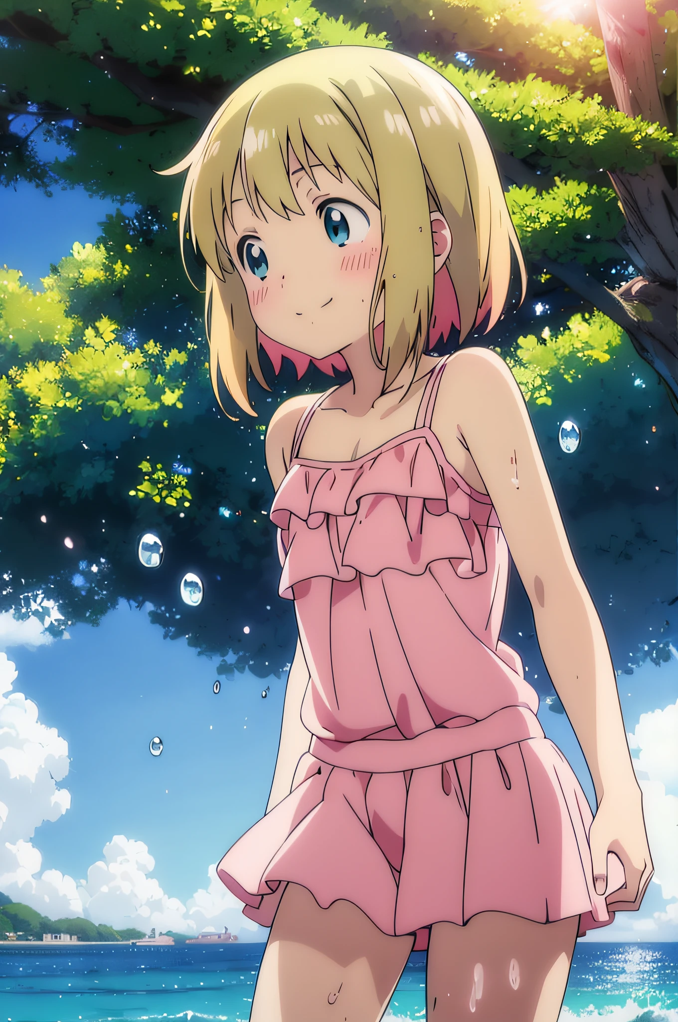 (Anime, Anime Art Style:1.2) Yuyushiki, Girl, 12 years old, Drenched in sweat, Smiling, Swimsuit, Seaside, Sunshine, (looking away:1.5),Light particles