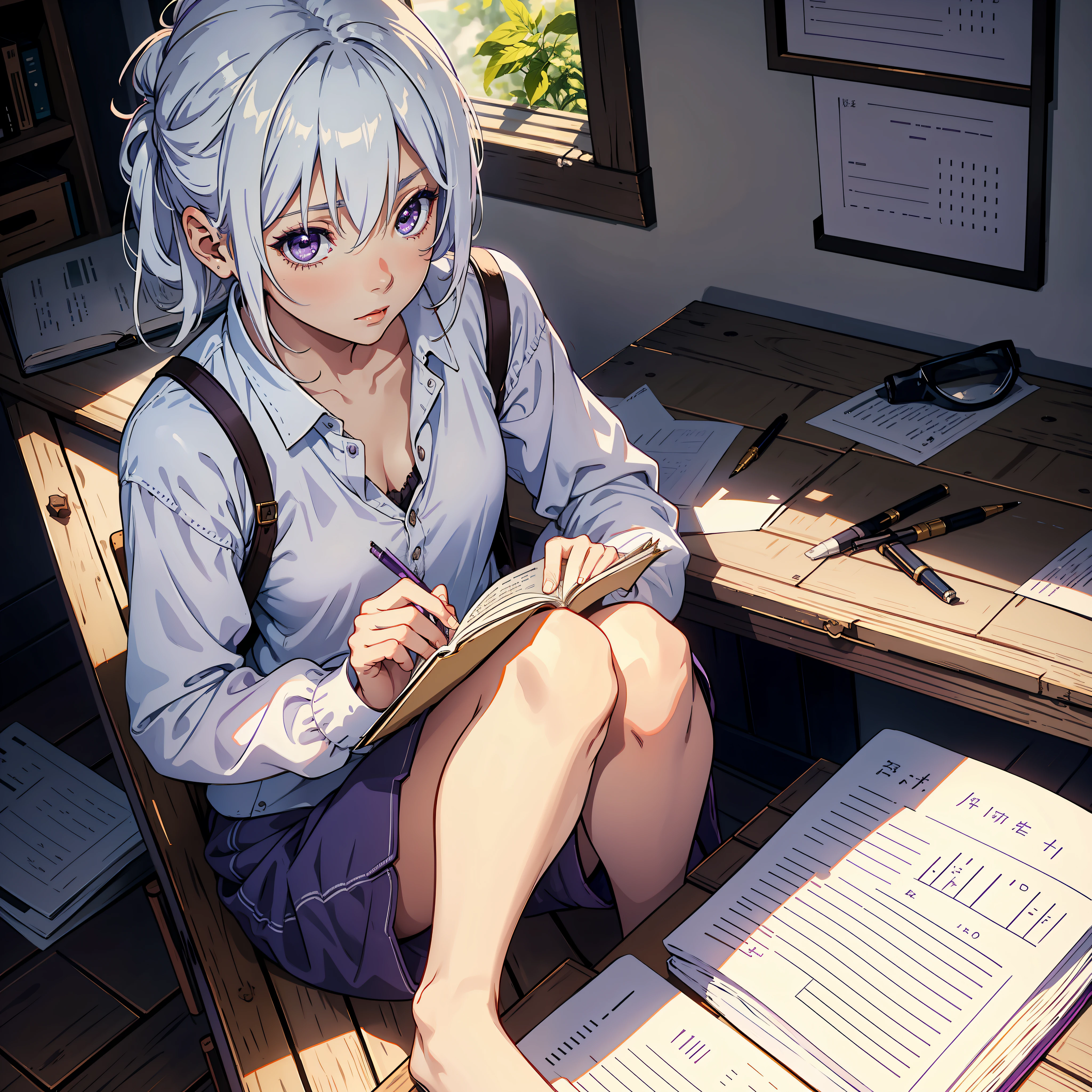 Solo, 1girl, A beautiful woman with white hair with tied short purple details, light skin tone, azus eyes, sitting, comfortable loose clothing, writing in notebook, rustic room