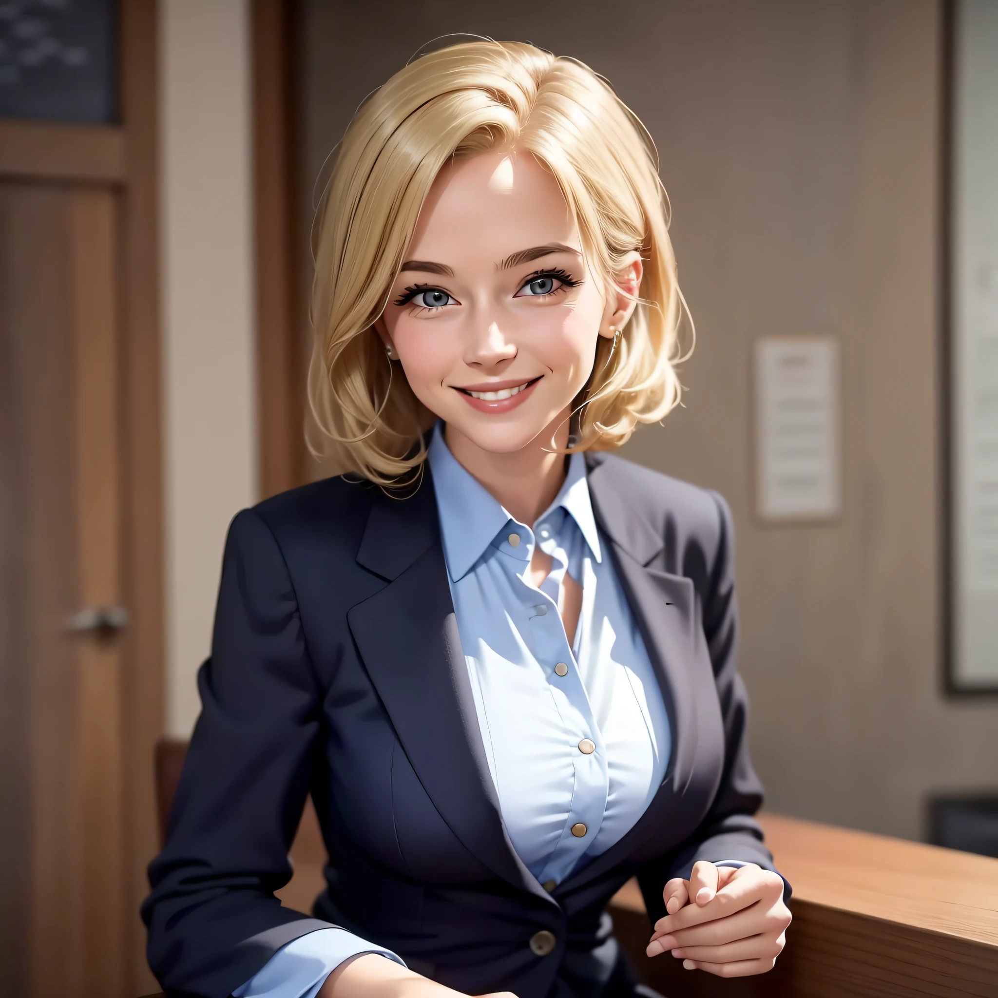 American female professor, 50s, suit, front, upper body, blonde, smiling