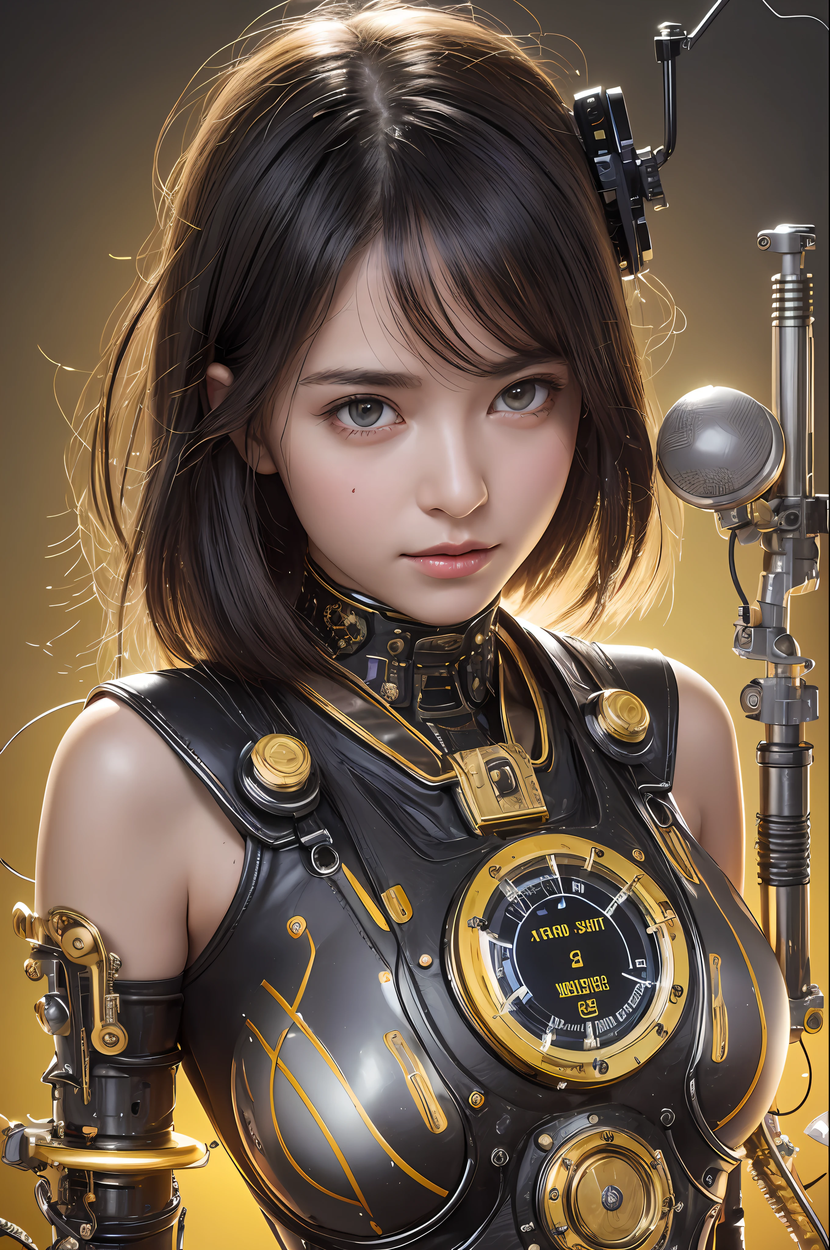 Top Quality, Masterpiece, Ultra High Resolution, (Photorealistic: 1.4), Raw Photo, 1 Girl, Black Hair, Glossy Skin, 1 Mechanical Girl, (Ultra Realistic Details)), Portrait, Global Illumination, Shadows, Octane Rendering, 8K, Ultra Sharp, Big, Cleavage Exposed Raw Skin, Metal, Intricate Ornament Details, Egyptian Details, Matsumoto meter, meter, vacuum tube, nixie tube, oil pressure gauge, glass tube, analog meter, gear, gear, golden hydraulic cylinder, very intricate detail, realistic light, CGSoation trend, purple eyes, glowing eyes, facing the camera, neon details, mechanical limbs, blood vessels connected to the tube, mechanical vertebrae attached to the back, mechanical cervical attachment to the neck, sitting, wires and cables connecting to the head, a powered suit, a small LED lamp,