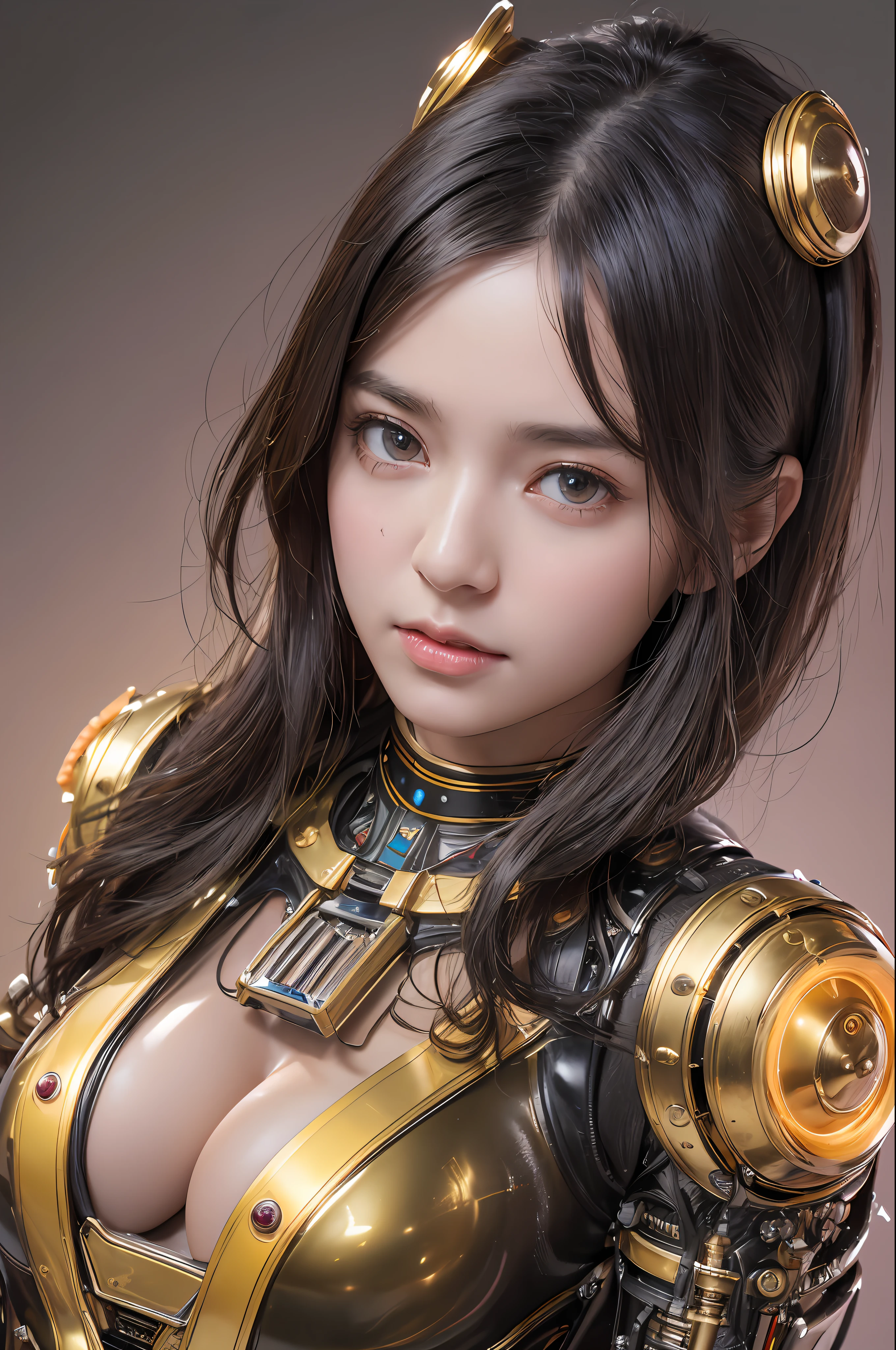 Top Quality, Masterpiece, Ultra High Resolution, (Photorealistic: 1.4), Raw Photo, 1 Girl, Black Hair, Glossy Skin, 1 Mechanical Girl, (Ultra Realistic Details)), Portrait, Global Illumination, Shadows, Octane Rendering, 8K, Ultra Sharp, Big, Cleavage Exposed Raw Skin, Metal, Intricate Ornament Details, Egyptian Details, Matsumoto meter, meter, vacuum tube, nixie tube, oil pressure gauge, glass tube, analog meter, gear, gear, golden hydraulic cylinder, very intricate detail, realistic light, CGSoation trend, purple eyes, glowing eyes, facing the camera, neon details, mechanical limbs, blood vessels connected to the tube, mechanical vertebrae attached to the back, mechanical cervical attachment to the neck, sitting, wires and cables connecting to the head, a powered suit, a small LED lamp,