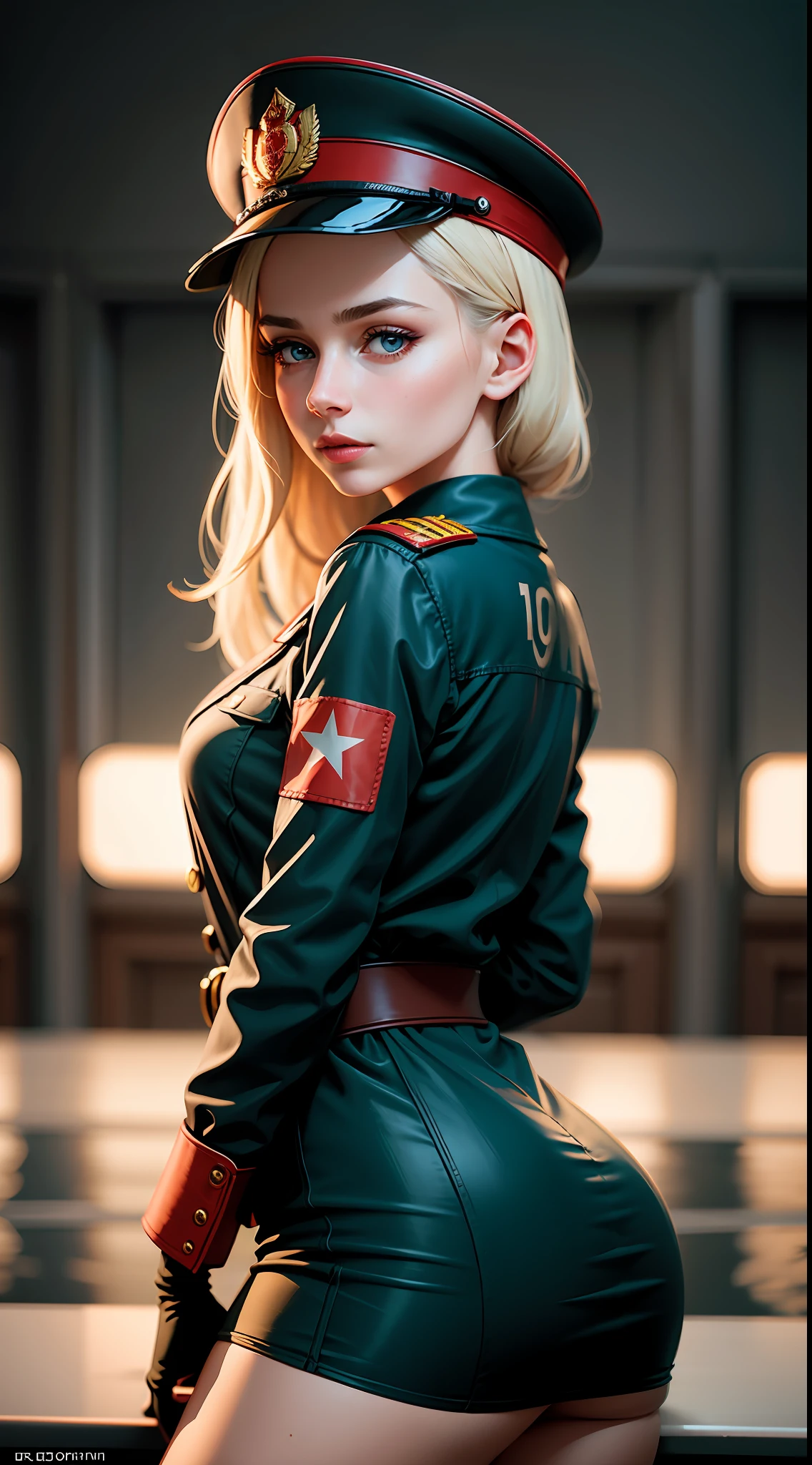 Beautiful Soviet woman, 25 years old, military, cap, uniform, face with determination, long eyelashes, beautiful eyes with brightness, surrealism, shadow, stereogram, (photorealistic, realistic: 1.2), POV, atmospheric perspective, cinematic lighting, ray tracing, 8k, super detail, best quality, masterpiece, well detailed, (Canan EOS R6, 135mm, 1/1250s, f/2.8, ISO 400:0.9), weapons, neckline, back, round ass, USSR, communism