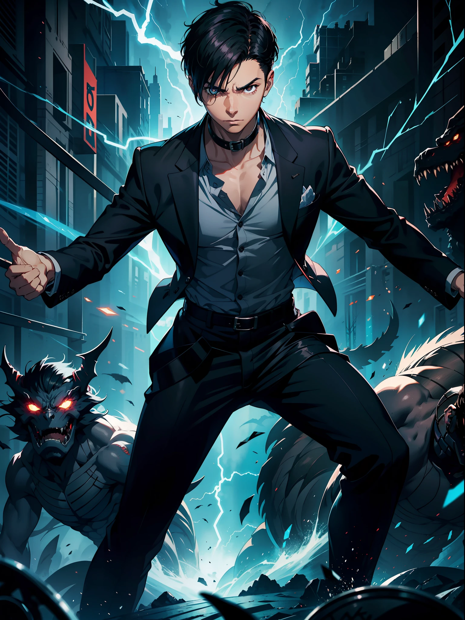 A young man with short black hair, facing the audience, a serious expression, the background is the world of monsters, electric flashes