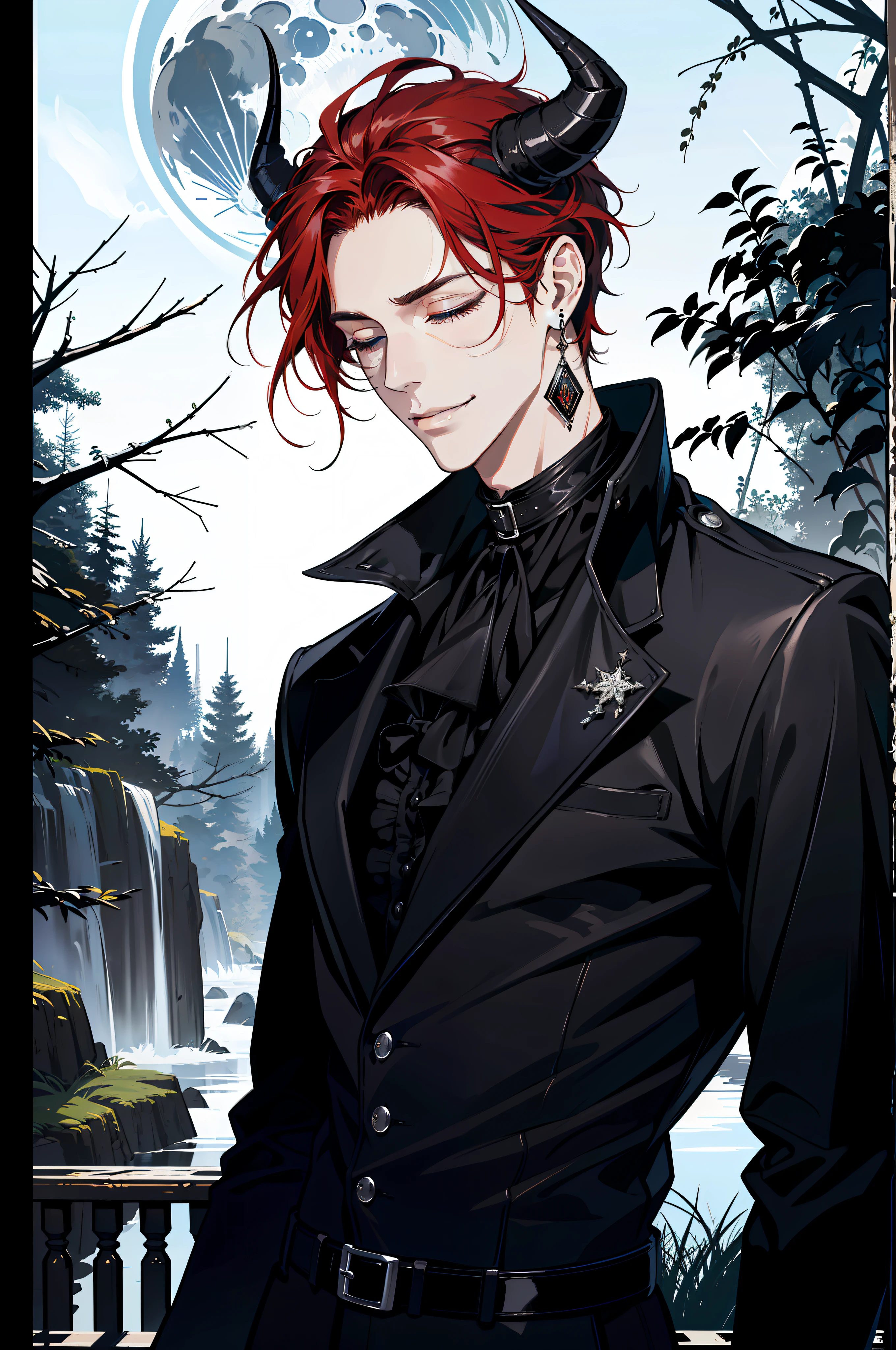 (absurdres, highres, ultra detailed), 1 male, adult, handsome, tall guy, broad shoulders, finely detailed eyes and detailed face, black leather clothes, night, smile, dutch angle, little long red hair, moon, forest, black horns in his head, silver details, earrings, black chocker, gothic, dark, heterochromia, (((closed eyes)))