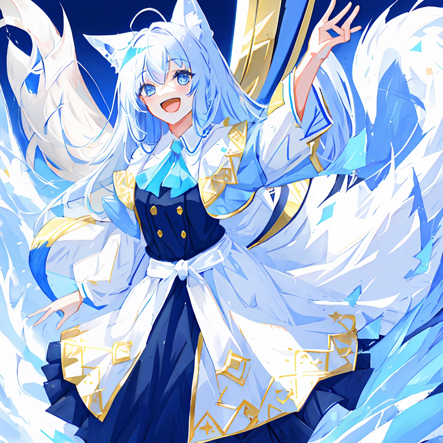1 girl, furry woman, white fox, masterpiece, light blue eyes, light smile, open mouth, \: