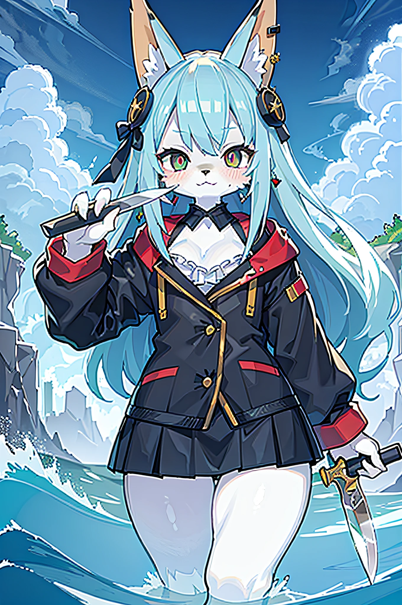 ((masterpiece, best quality)), furry, animal ears, tail, body fur,
(super detailed), (illustration), (super high resolution), (exquisite illustration), (super detailed), 1 girl, blush, black storm jacket, white underwear, black miniskirt, outdoor, pool, solo, double tail, water, soak, white fur, golden pupils, fox tail, white ears, earrings, holding tang straight knife, long knife