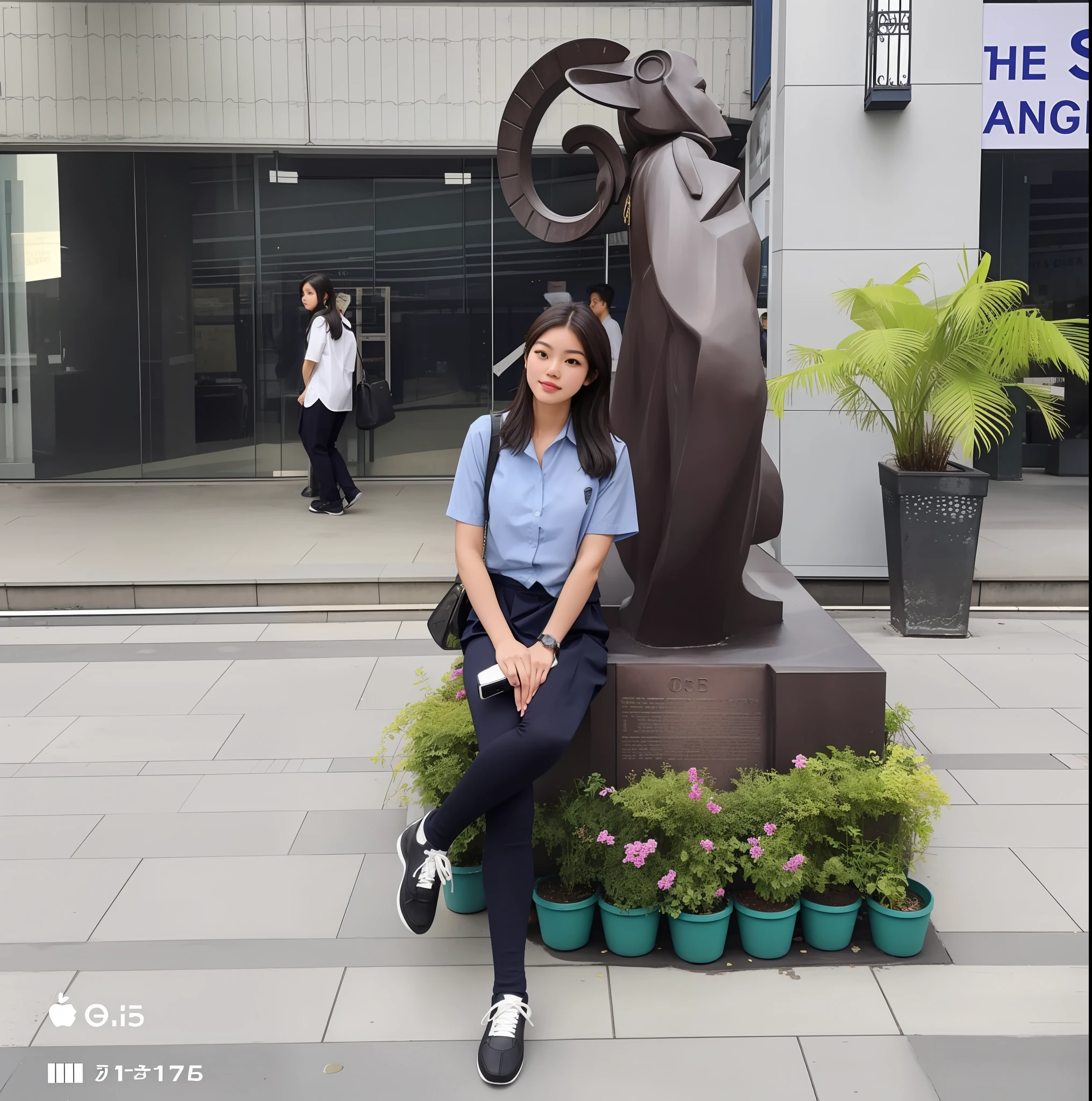 there is a woman sitting on a bench next to a statue, at college, cindy avelino, standing in a city center, in the background, selfie shot straight on angle, in city street, captured on iphone, smooth in _ the background, wearing school uniform, taken with the best dlsr camera, in the city, in a mall, with a cool pose