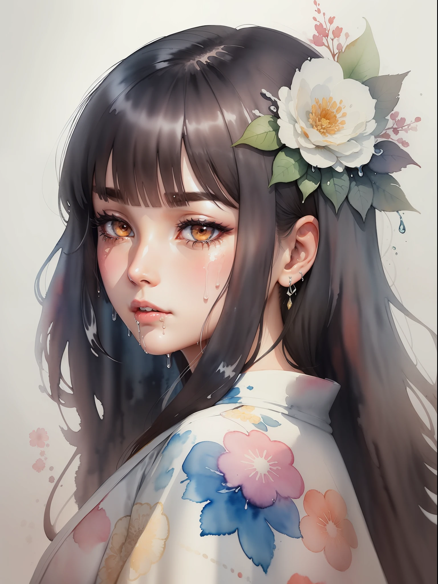 (Rough handmade sketch) attractive, intricate and very detailed line art, watercolor illustration of female head with floral ornament, floral kimono kimono, tetradic color, colorful and very detailed dark brown eyes, beautiful eyes, black hair, beautiful straight bangs, straight long hair, overall watercolor-like texture, perfectly centered image, (white background with watercolor splash), Focus on face line, (((dripping watercolor)) ink contour, 32K, highest quality