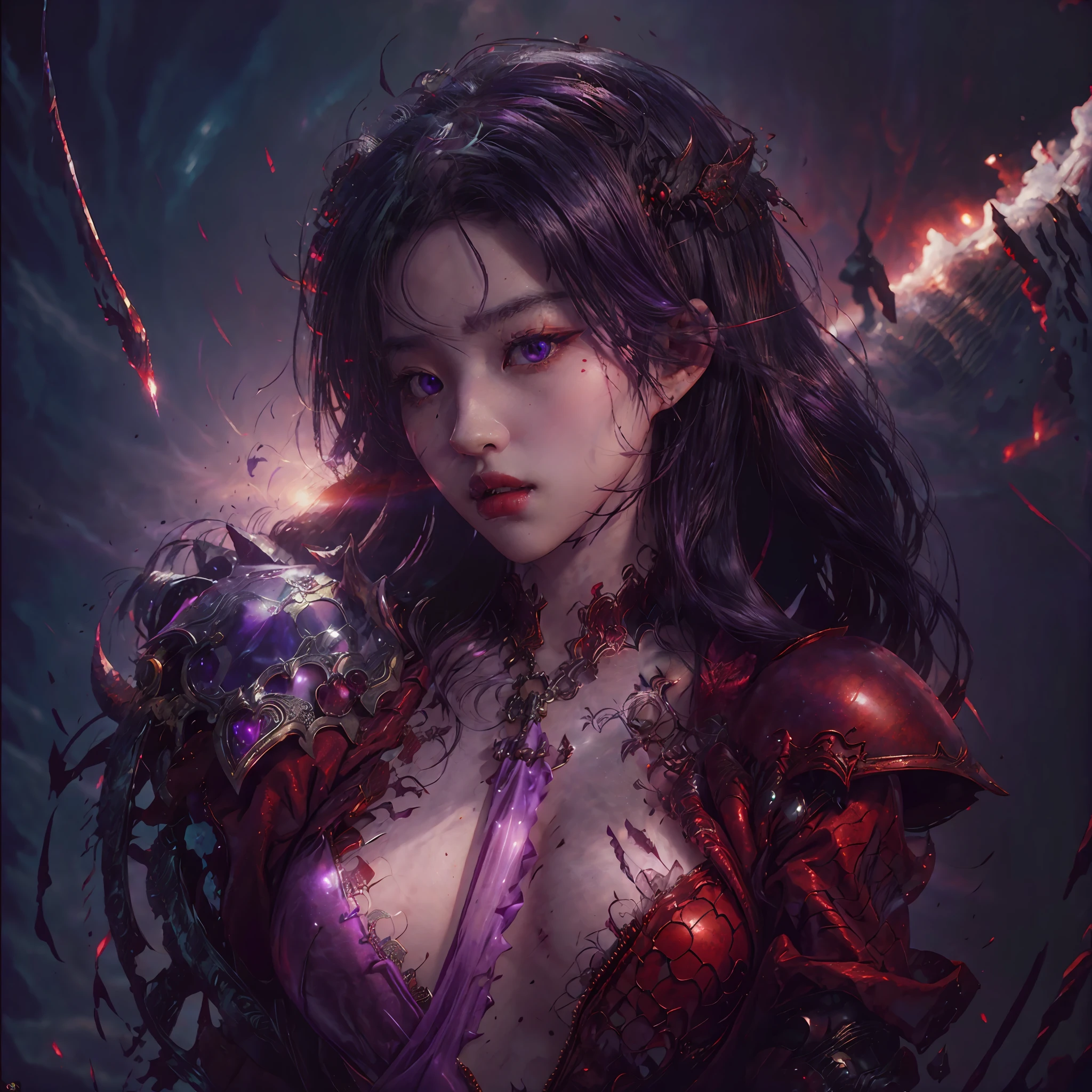 A succubus bust in a red hell suit, long hair, beautiful and seductive realistic woman, a beautiful fantasy queen, inspired by Du Jong, seductive portrait of Tifa Lohat, (((beautiful fantasy queen)), seductive realistic succubus, beautiful realistic succubus, charming Tifa lock heart, beautiful avatar picture, white underwear, lady in blood red armor, Tifa, (underwear: 1.2), photo realistic, upon_body, Tyndall effect, realistic, dark studio, edge lighting, Two-tone illumination, (High detail skin:1.2), 8K Ultra HD, DSLR, Soft lighting, High quality, Volume lighting, Frank, Photos, High resolution, 4K, 8K, Bokeh, Breast Exterior, (Nudity: 1.6), (Purple Eye Color), (Clear Armor: 1.6) --auto --s2