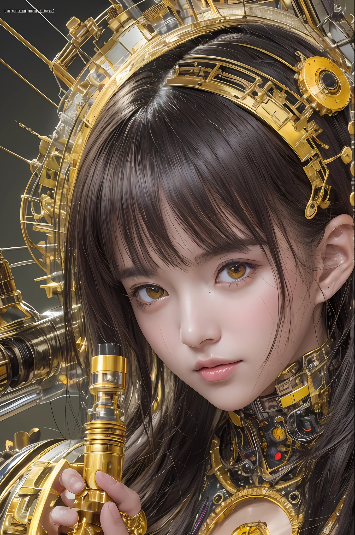 Top Quality, Masterpiece, Ultra High Resolution, (Photorealistic: 1.4), Raw Photo, 1 Girl, Black Hair, Glossy Skin, 1 Mechanical Girl, (Ultra Realistic Details)), Portrait, Global Illumination, Shadows, Octane Rendering, 8K, Ultra Sharp, Big, Cleavage Exposed Raw Skin, Metal, Intricate Ornament Details, Egyptian Details, Matsumoto meter, meter, vacuum tube, nixie tube, oil pressure gauge, glass tube, analog meter, gear, gear, golden hydraulic cylinder, very intricate detail, realistic light, CGSoation trend, purple eyes, glowing eyes, facing the camera, neon details, mechanical limbs, blood vessels connected to the tube, mechanical vertebrae attached to the back, mechanical cervical attachment to the neck, sitting, wires and cables connecting to the head, a powered suit, a small LED lamp,