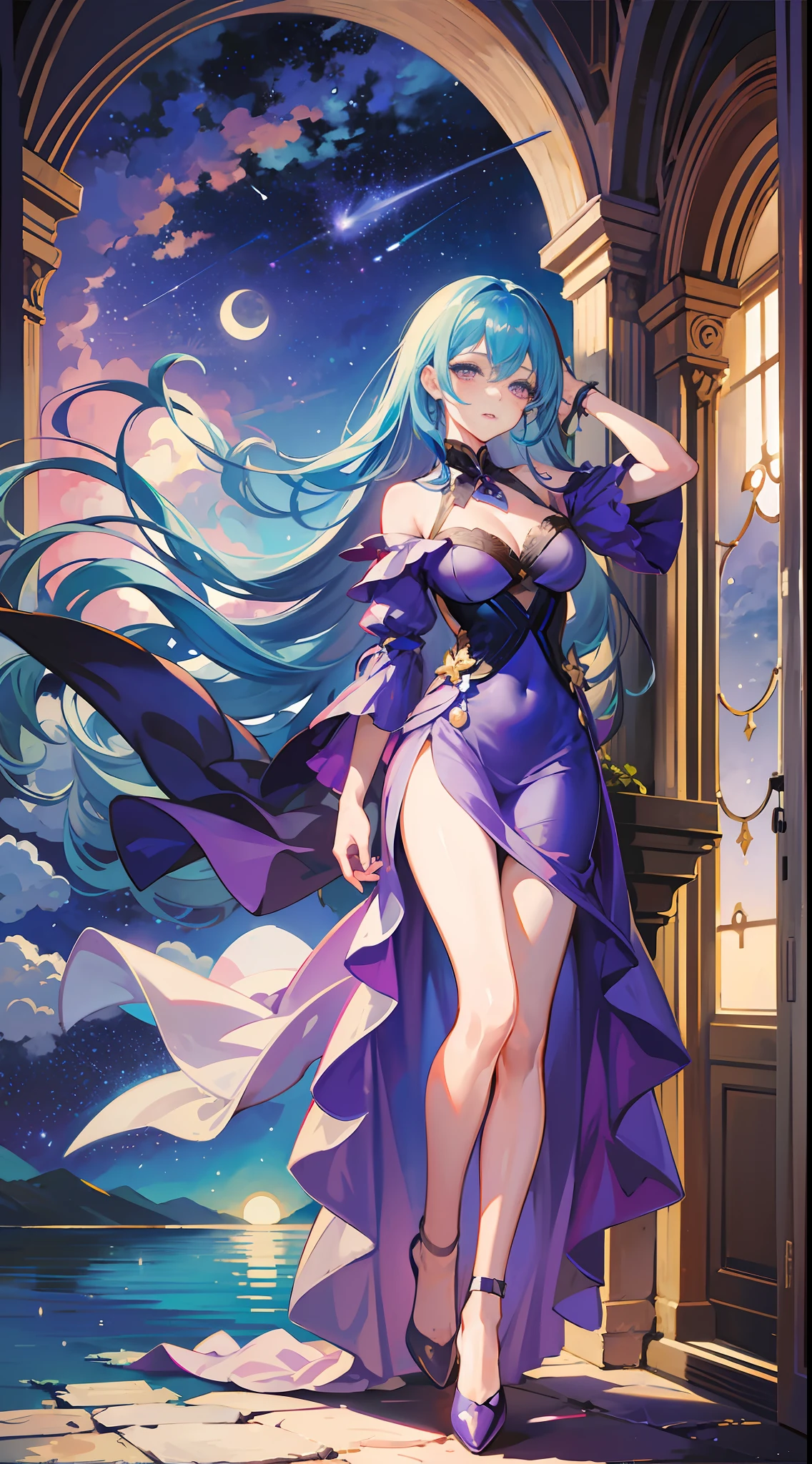 Masterpiece, best quality, 1 girl, full body, blue hair, long hair, purple eyes, slim body, slim legs, playing piano, colorful dress, night, moon, shooting stars, clouds, lake shore, (delicate eyes and face), head rope, lips slightly open