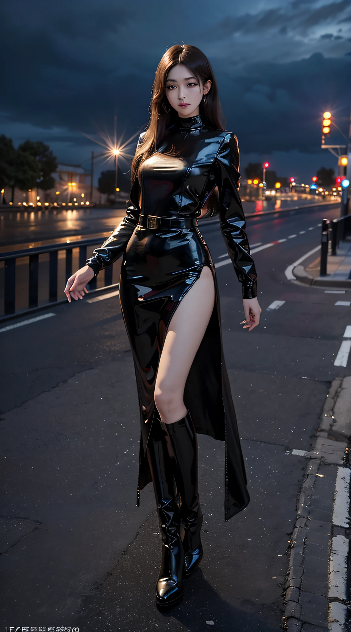 from below,looking at viewer, tall girl,a girl has a pair of long legs,sugar_botz, black leather thigh boots, pencil_dress, wearing a pencil_dress,  a woman wearing a blue pencil_dress with a belt,kpop idol,(raw photo:1.2),((photorealistic:1.4))best quality ,(1girl:1.2),sexy,masterpiece,(full body:1.5),illustration, an extremely delicate and beautiful, extremely detailed ,CG ,unity ,8k wallpaper, Amazing, finely detail, masterpiece,best quality,official art,extremely detailed CG unity 8k wallpaper,absurdres, incredibly absurdres, huge filesize, ultra-detailed, smile, pose,small areolae,hair ornament,warm light,instagram, (standing:1.2),( night,city,street),(170cm:1.5),(tall:1.5), (slim:1.2),(long legs:1.5),(long hair:1.2),(standing:1.3),ulzzang-6500-v1.1,