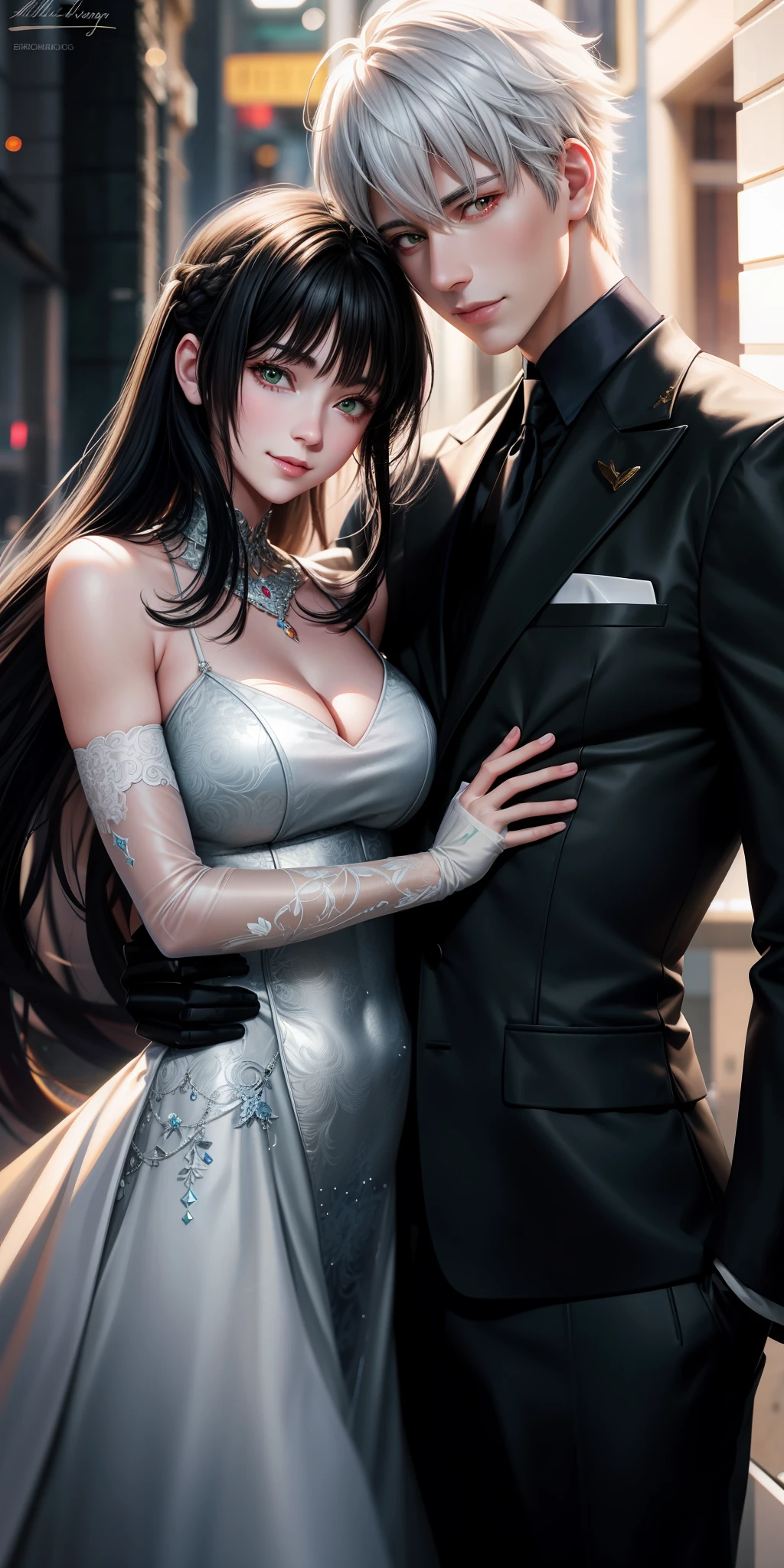 realistic, anime couple hugging each other with gloves, highly detailed exquisite fanart, black hair and white hair, green eyes and red eyes, smile, lovely couple, arm around neck
