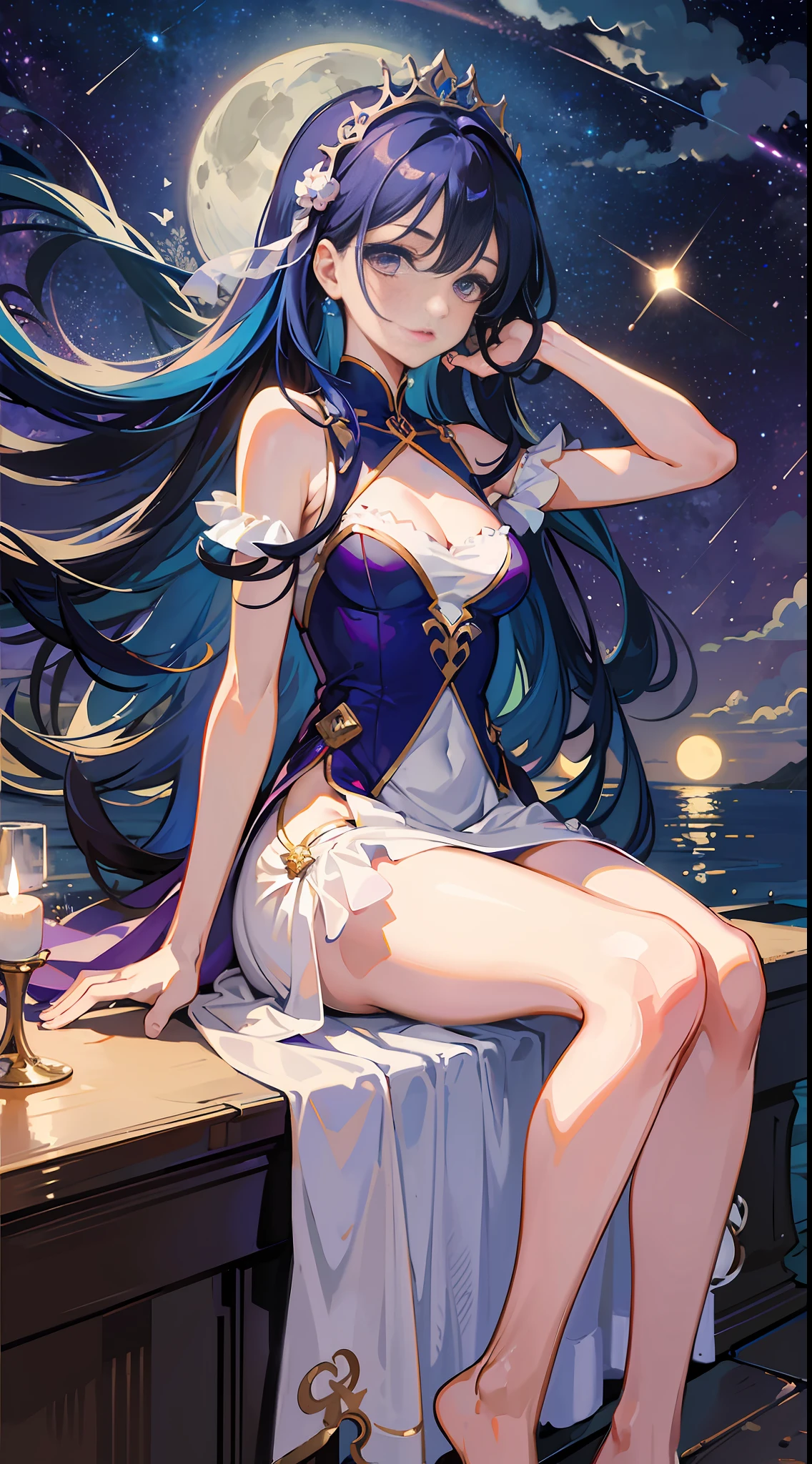 Masterpiece, best quality, 1 girl, full body, blue hair, long hair, purple eyes, slim body, slim legs, playing piano, colorful dress, night, moon, shooting stars, clouds, lake shore, (delicate eyes and face), head rope, lips slightly open