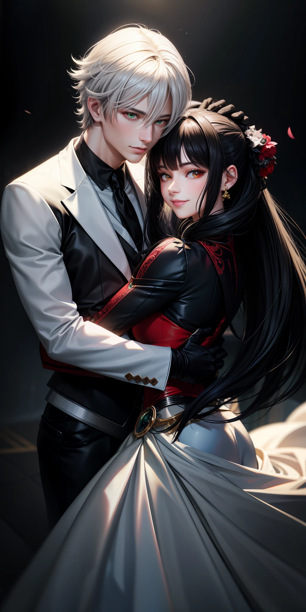 realistic, anime couple hugging each other with gloves, highly detailed exquisite fanart, black hair and white hair, green eyes and red eyes, smile, lovely couple, arm around neck