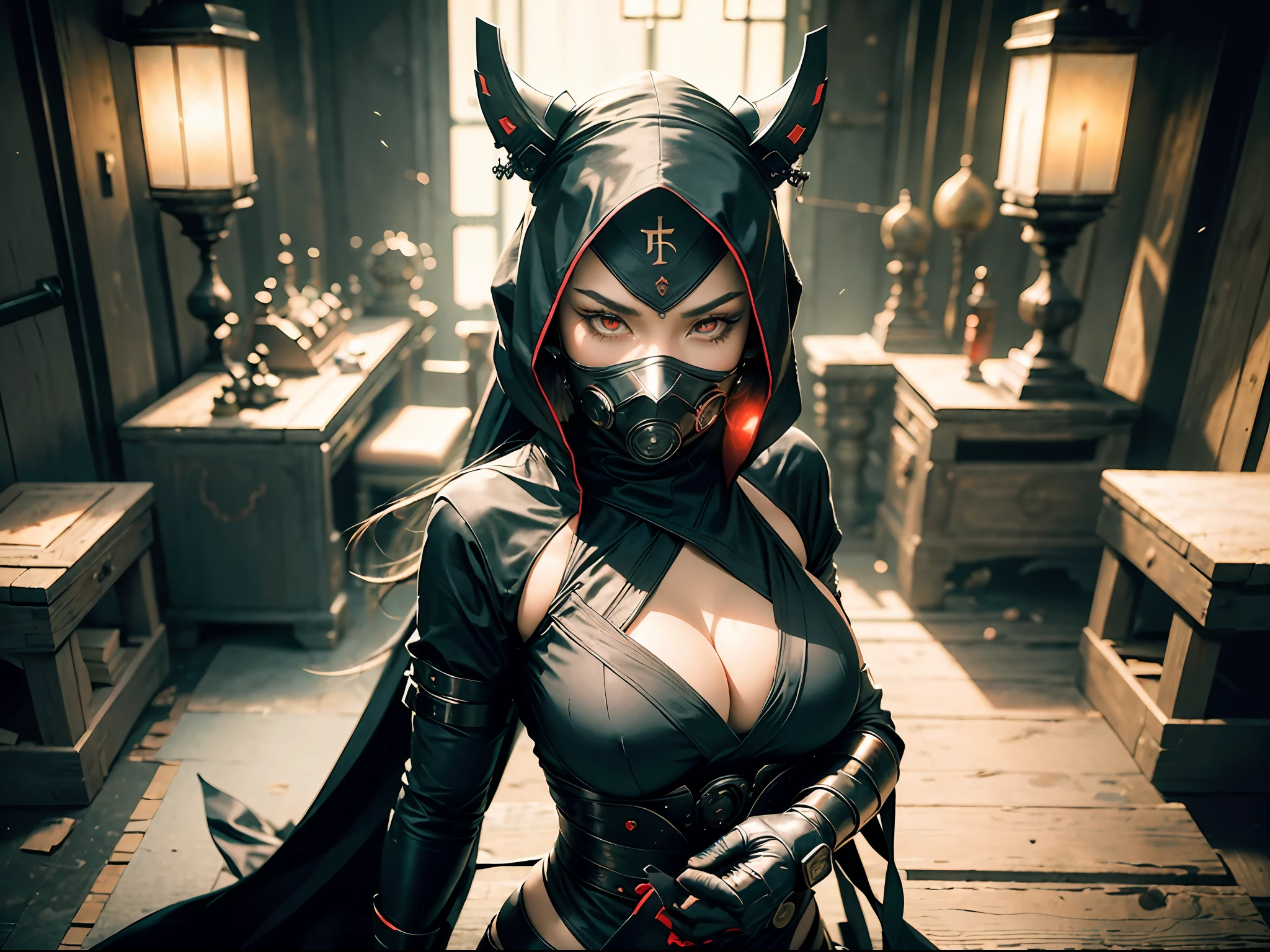 (masterpiece, high resolution, photo-realistic:1.4), a photograph capturing a woman dressed head to toe in a ninja outfit, a black cloth ninja mask covering her face up to the bridge of her nose, leaving only her piercing red eyes visible, her attire tightly fitted, accentuating her curves, while still exuding an air of agility and stealth, her delicate and petite frame adding to her mysterious allure, she strikes a captivating pose for the photo, embodying grace and power, the setting a well-lit dojo, illuminated by numerous flickering candles, casting a warm and ambient glow throughout the space, the shadows dancing around her, adding to the atmosphere of secrecy and skill, the woman gazes directly into the camera, her intense red eyes penetrating the lens, the photo captured from a high angle with a 150mm wide-angle lens, creating a unique and dramatic perspective, enhancing the sense of intrigue and captivation, a composition that beautifully captures the essence of the enigmatic ninja, a blend of elegance, danger, and mystery, inviting viewers to explore the depths of her character and the world of shadows she inhabits.