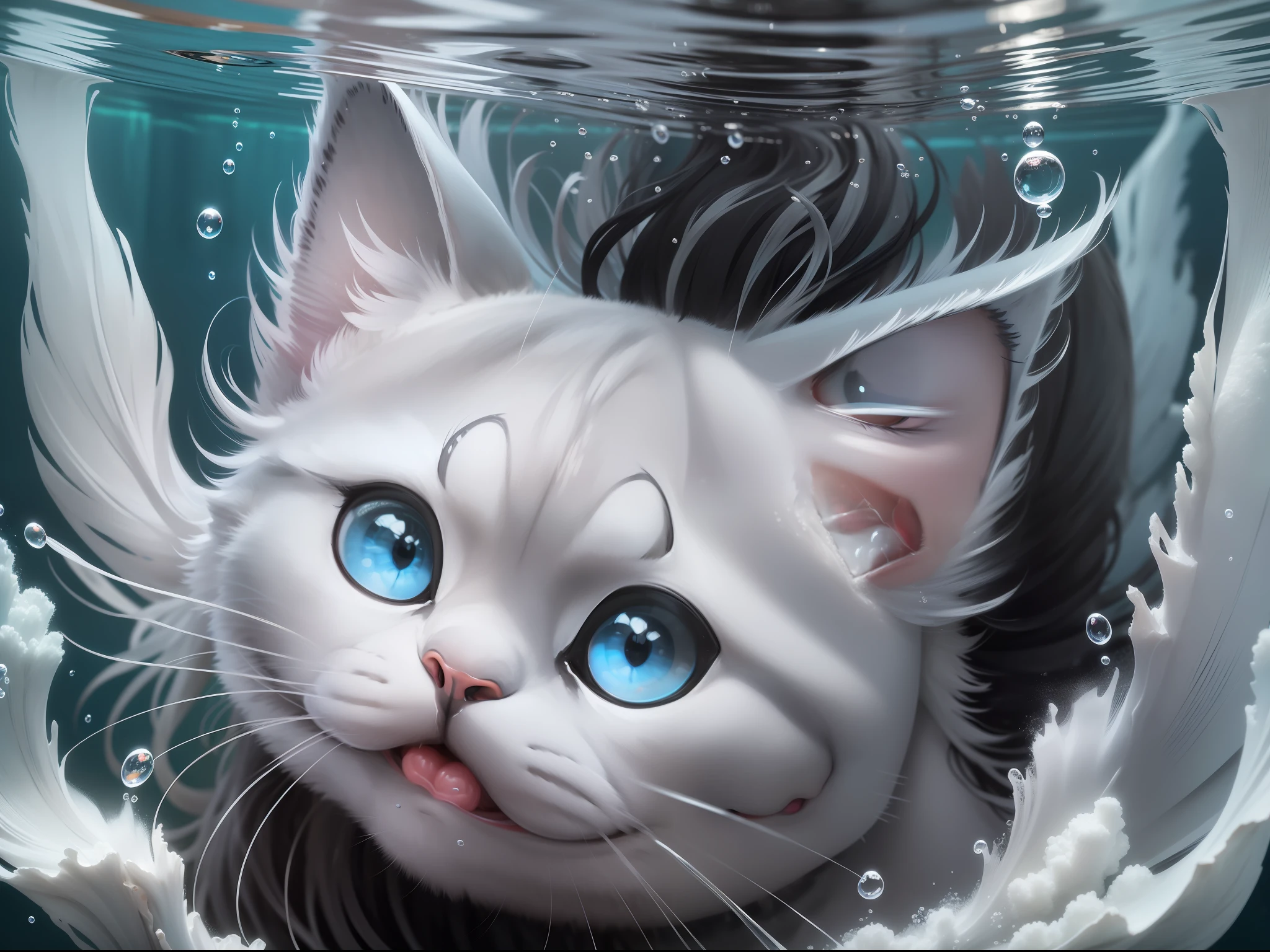 Ragdoll cat, MG mao, (Gray-black ears:1.3), white face, textured face, Exquisite visuals, high-definition, masterpieces, fish, whiskers, blue eyes, no humans, animal focus, open mouth, looking at viewer, white cat, underwater, bubble, solo, swimming, goldfish, submerged