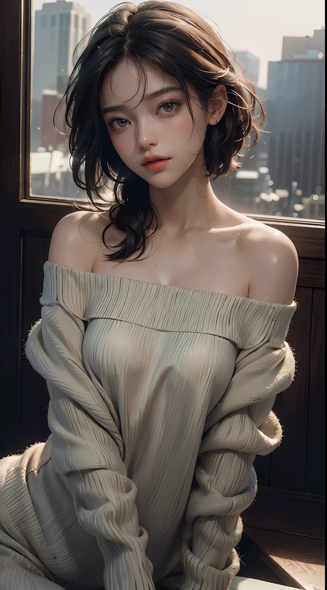 Top quality, masterpiece, ultra high resolution, (photoreal: 1.4), raw photo, one girl, off-shoulder, cinematic lighting, slightly sweaty and shiny skin
,beautiful delicate face, beautiful delicate eyes ,(realistic, photo realistic:1),award winning,Super beautiful background drawn by WLOP,