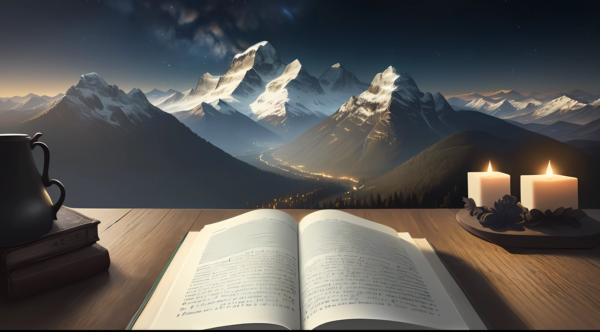 an open Bible in the foreground, with a serene landscape of mountains and a starry sky in the background(Extremely high quality, ultra-realistic details, 8k image of the old book opened) + (Mysterious and blurry figure in the background) + (Darkness, detailed shadows, dynamic angle, mysterious scene, suspense)