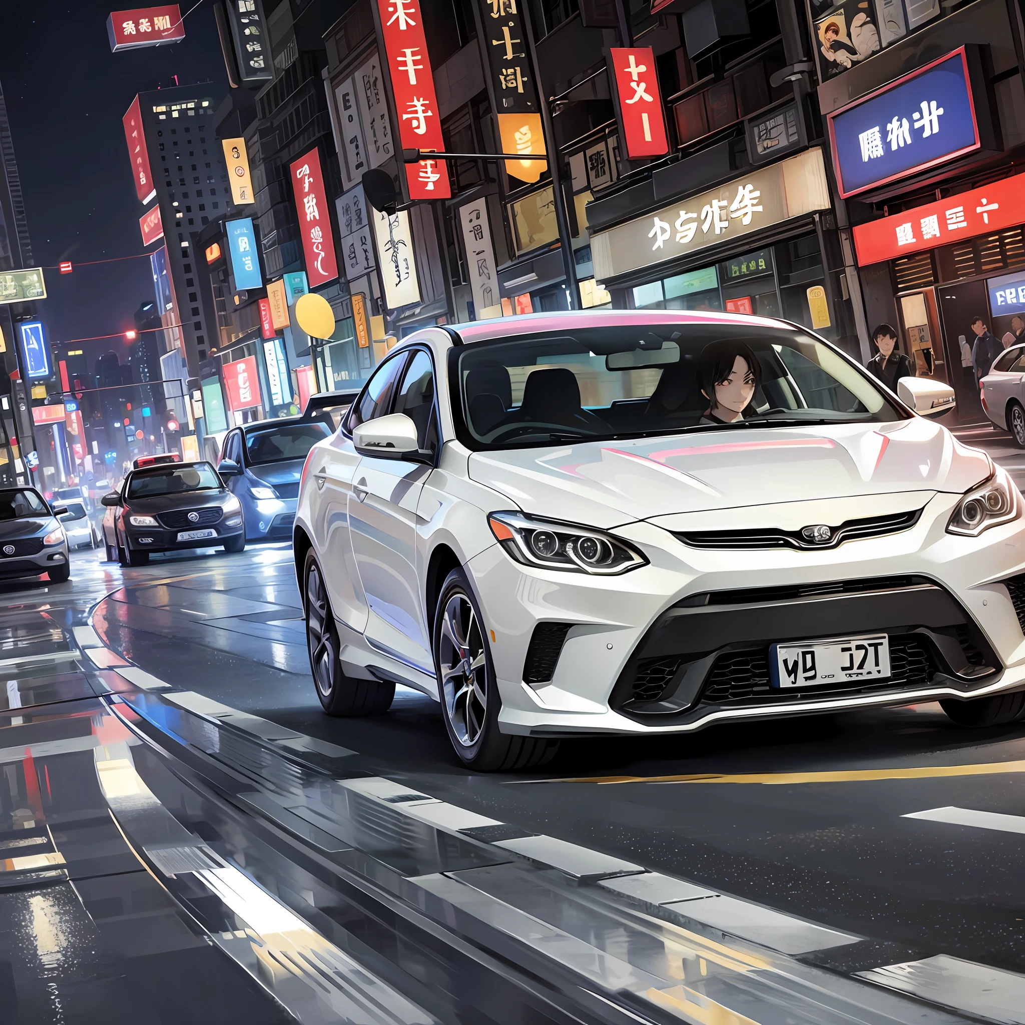 Chinese man driving car, silver car, driver, smile, inch, city road, speed, phantom, night view of Hongya cave --auto --s2