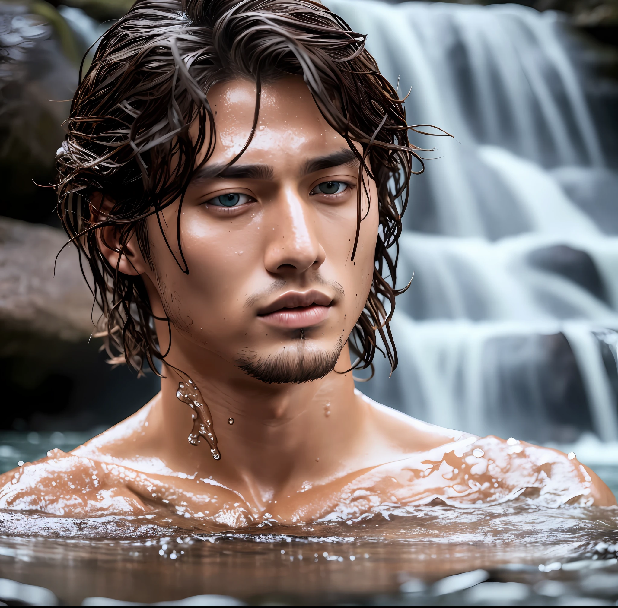 Close-up Mi Joon, brown hair, bathing in a waterfall. Perfect skin. Blue eyes, raw photo, wet hair. Real skin. Sexy look. Natural light. Very detailed face. Photorealistic, hyperdetailed, high quality, 8k