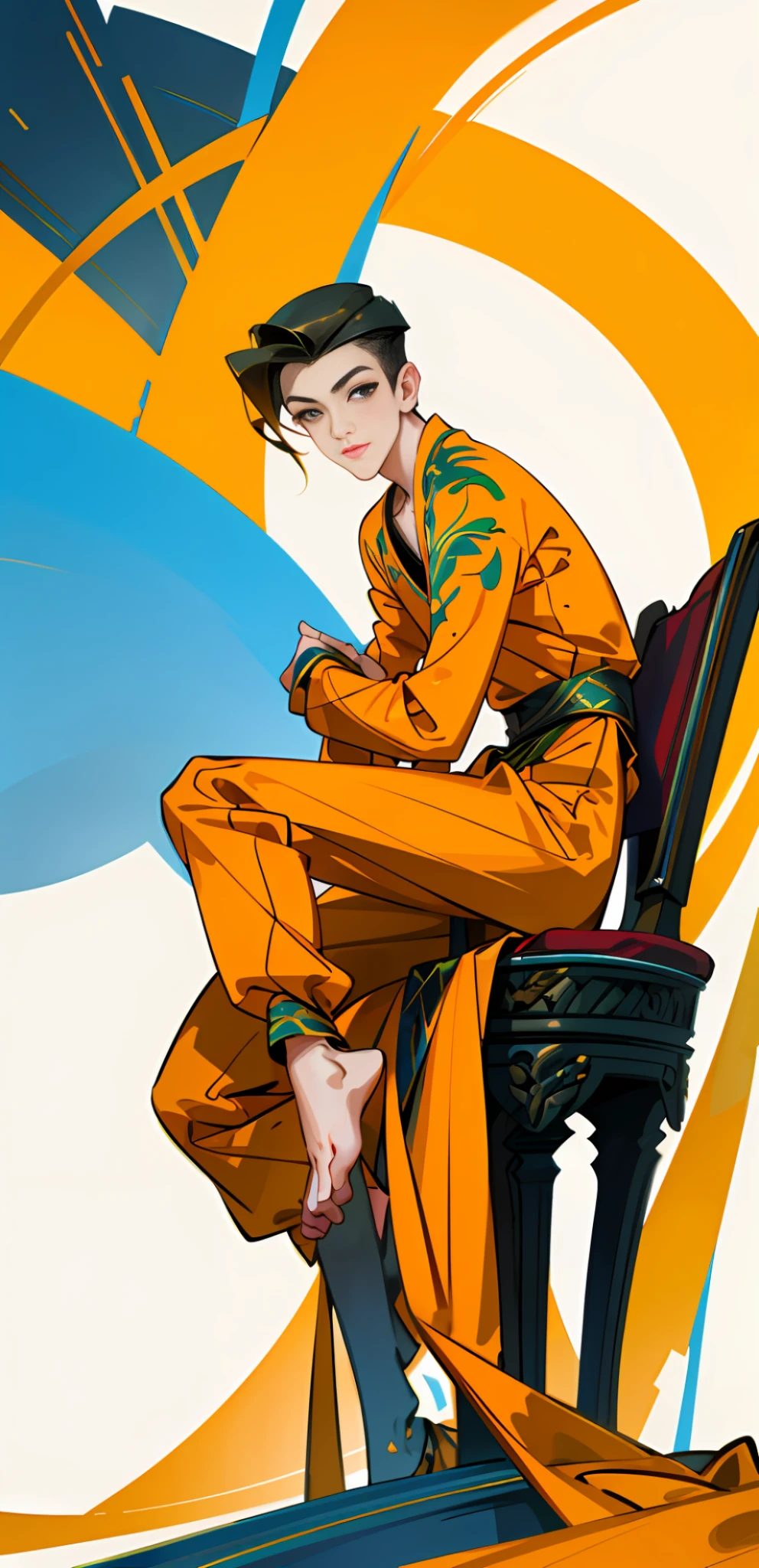 A man boy sitting on a chair, full body painting, thinking pose, casual pose, full body figure painting, neutral pose, sitting pose, relaxing pose, short portrait, full body illustration