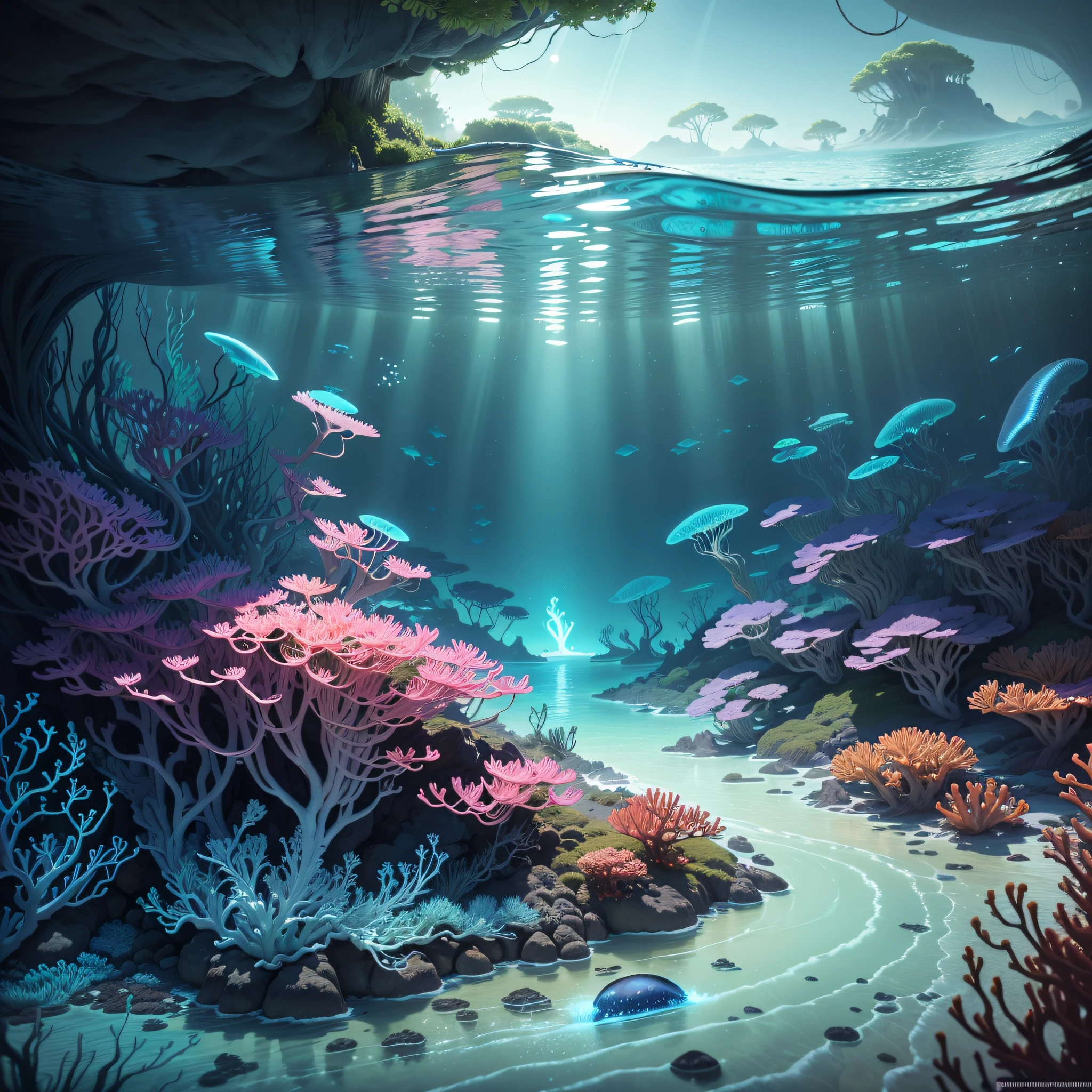 Extreme Realistic, Masterpiece, best quality, (very detailed 8k wallpapers), (best quality), (best shadows), deep ocean theme with natural elements. Tall mangroves, marine plants, glowing jellyfish, ((blue whale)), (marine plants), (ocean theme), ((luminous algae)), (coral), ((Glow Creatures in Seawater)), ((Sea Fire)), ((Particle Effect)), Octane Rendering, Super Detailed --auto --s2