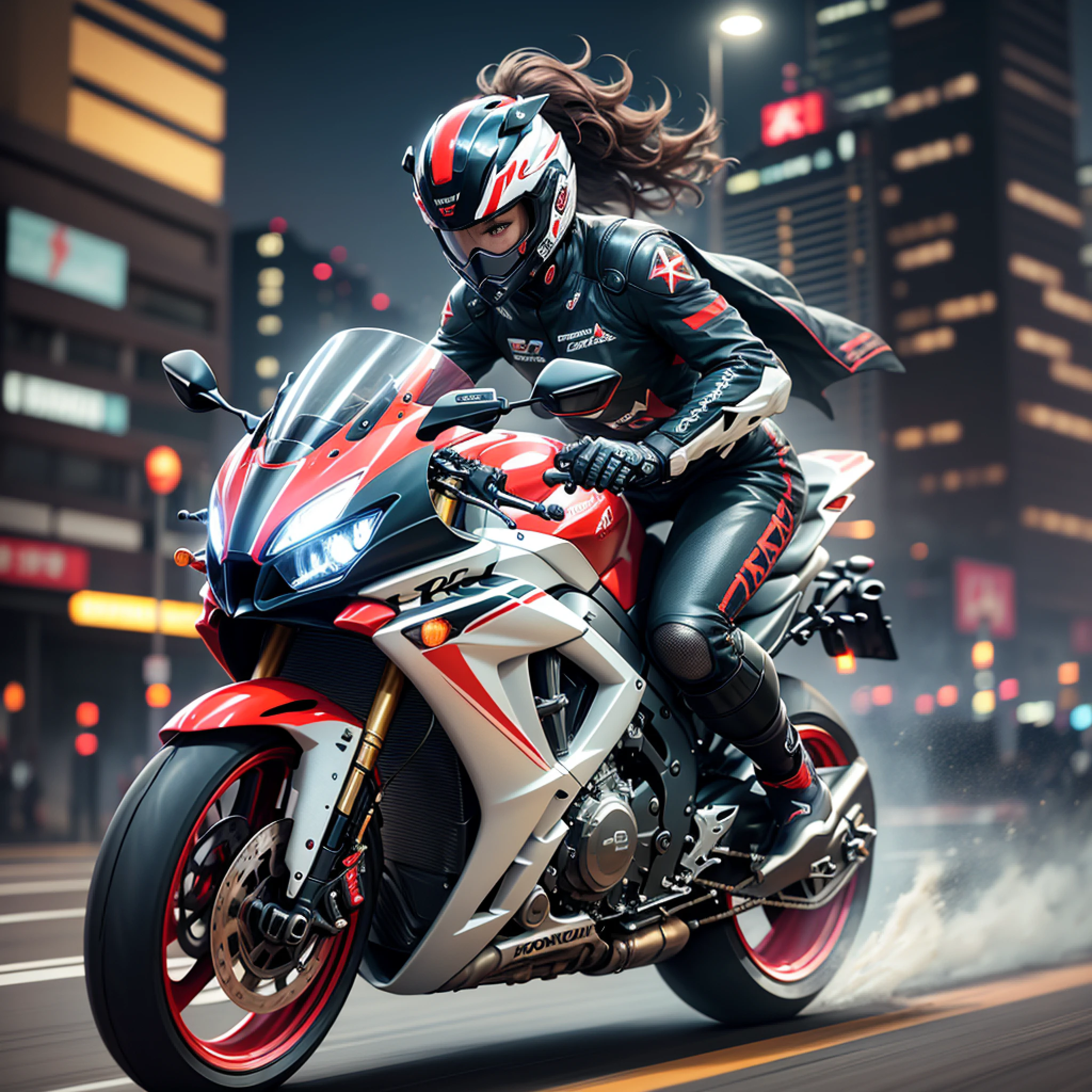 Monster style, art Naoki Urasawa, Takehiko Inoue, head-to-toe watercolour illustration, anime Korean woman with bright attractive brown bob hairstyle, air fringe and patchy eyes, elegant modern goth lace evening piece in black, wide angle photo, speeding through city at high speed Motorbike, Speed, Sparks and smoke from tyres, Slow shutter, Honda CBR1000RR speeding through city, City night light trail, Rays of light taillights, Clock puncture, Super motion blur, Sparks, 3D photography, Rembrandt lighting, Front and fill lighting, Hard shadow. Arnold rendering, 8K resolution photorealistic, neon lights and night cityscapes, photorealistic, kodak portra 400 f1. 6 lens, highly detailed, stunning, dramatic lighting, unrealengine, trending at artstation Cinestill 800 tungsten, RAW photography, TanvirTamim, high quality, high resolution, sharp focus, highly detailed