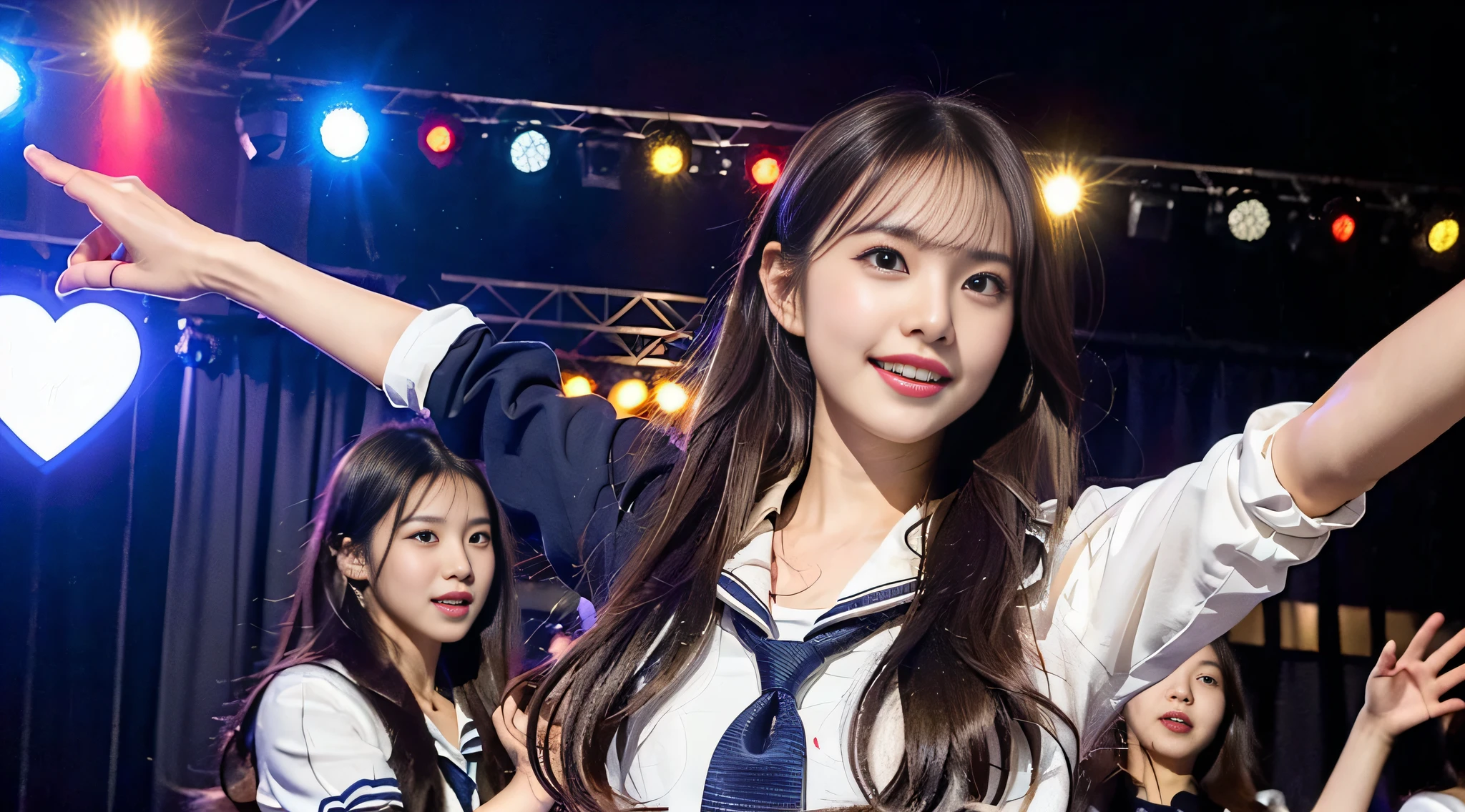 (8k, RAW photos, top quality, masterpiece: 1.2), super detail, super resolution, (photorealistic: 1.4), , high school girl miss con, schoolgirl posing on stage, smile so much that you can see teeth, full body shot, full body photo, high resolution RAW color photo, beautiful and shiny stage light, real light, detailed background of female proofreading miss con 2022, Dancing on stage, swaying skirt, holding a microphone in her right hand, very detailed and beautiful background, super high image quality, 8k wallpaper, amazing details, very fashionable and delicate uniform, very detailed beautiful girl, very detailed face very detailed eyes, very realistic skin, very detailed fingers, very detailed nose, very detailed mouth, perfect anatomy, very detailed background, very detailed clothes, teen, Cute girl, Famous Japan idol, Cute, Realistic body, Slender, White skin, Glowing skin, Slim body, Long straight hair, (Dull bangs:1.2), Realistic face, Delicate eyes, Double eyelids, Sailor suit, red tie, pink eye shadow, (((Hair is fluttering every time a high school girl dances)), Celebrity-level cuteness, Modern female proofreading, ( Heart mark under the eye wo) (Cute pose)